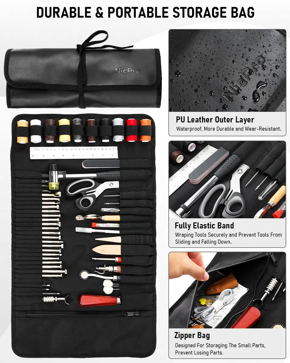 Nicpro Kit di utensili in pelle da 85 pezzi, con custodia personalizzata, strumenti artigianali per adulti, kit per principianti per timbratura, cucito, intaglio, taglio, punzonatura, lavorazione