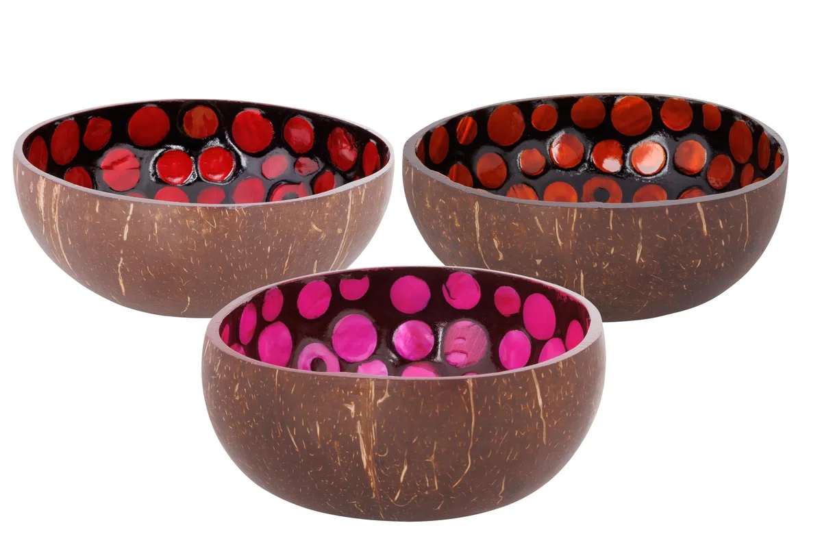 Noya Set di 3 ciotole in cocco di colori assortiti, D14 cm