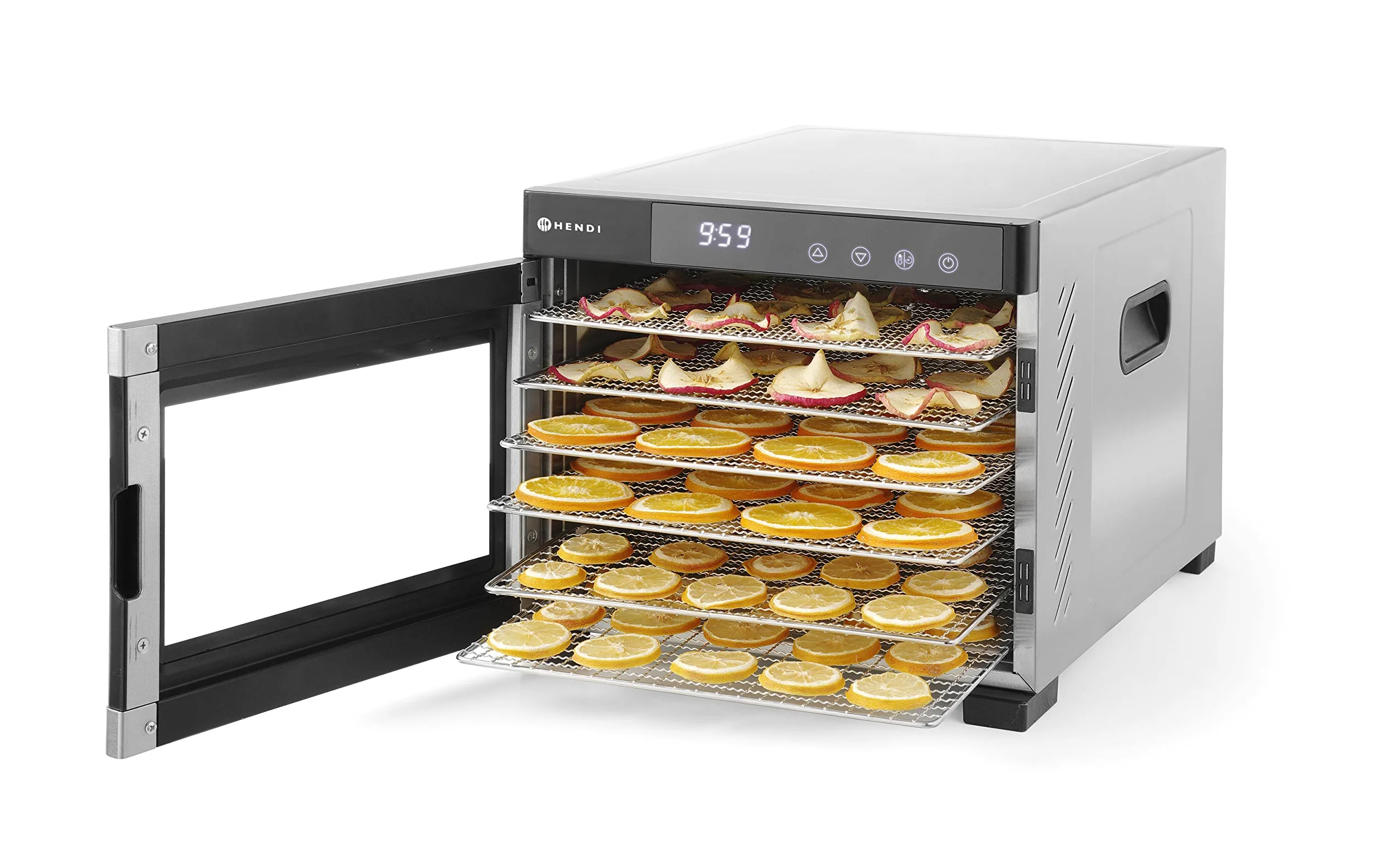 HENDI Essiccatore alimentare, con 6 griglie, per l’essiccazione di frutta, verdura e carne, timer, intervallo di temperatura da 35º a 75ºC, 230V/600W, 340x450x(H)311mm, acciaio inossidabile