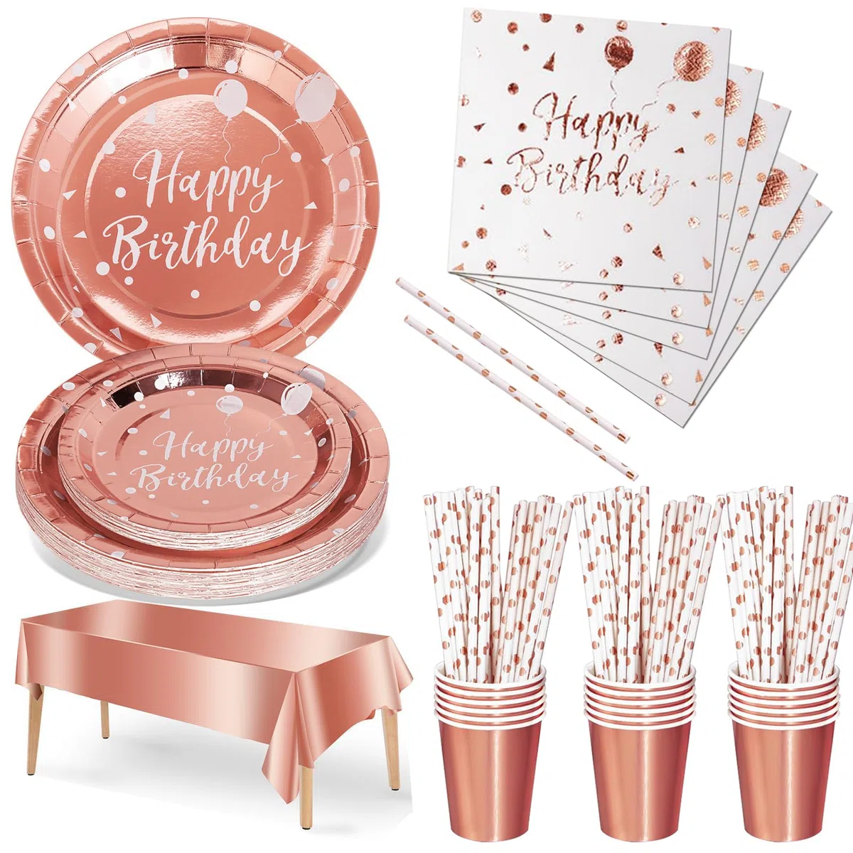 Nkaiso Compleanno Stoviglie per feste Oro Rosa Puro 121 Pezzi Carta Set Include Piatti usa e getta, Tovaglioli Bicchieri Forniture per la Decorazione di feste -24 Ospiti