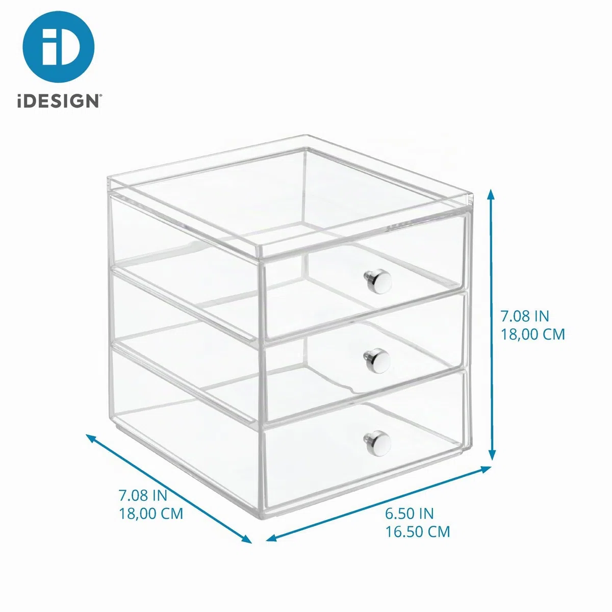 iDesign Porta trucchi con 3 cassetti, Mini cassettiera per make up, cosmetici e gioielli, Organizzatore trucchi impilabile in plastica, trasparente