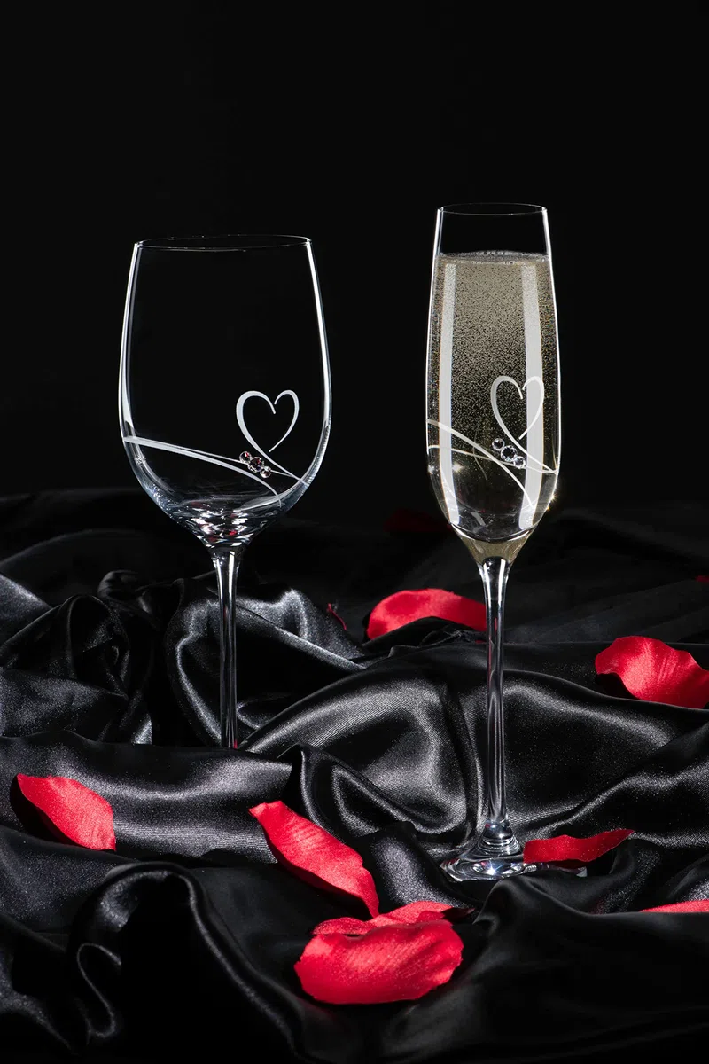 DIAMANTE Flute da champagne, bicchieri da prosecco con design 'Romance' tagliato a mano, impreziosito da cristalli, con scatola regalo