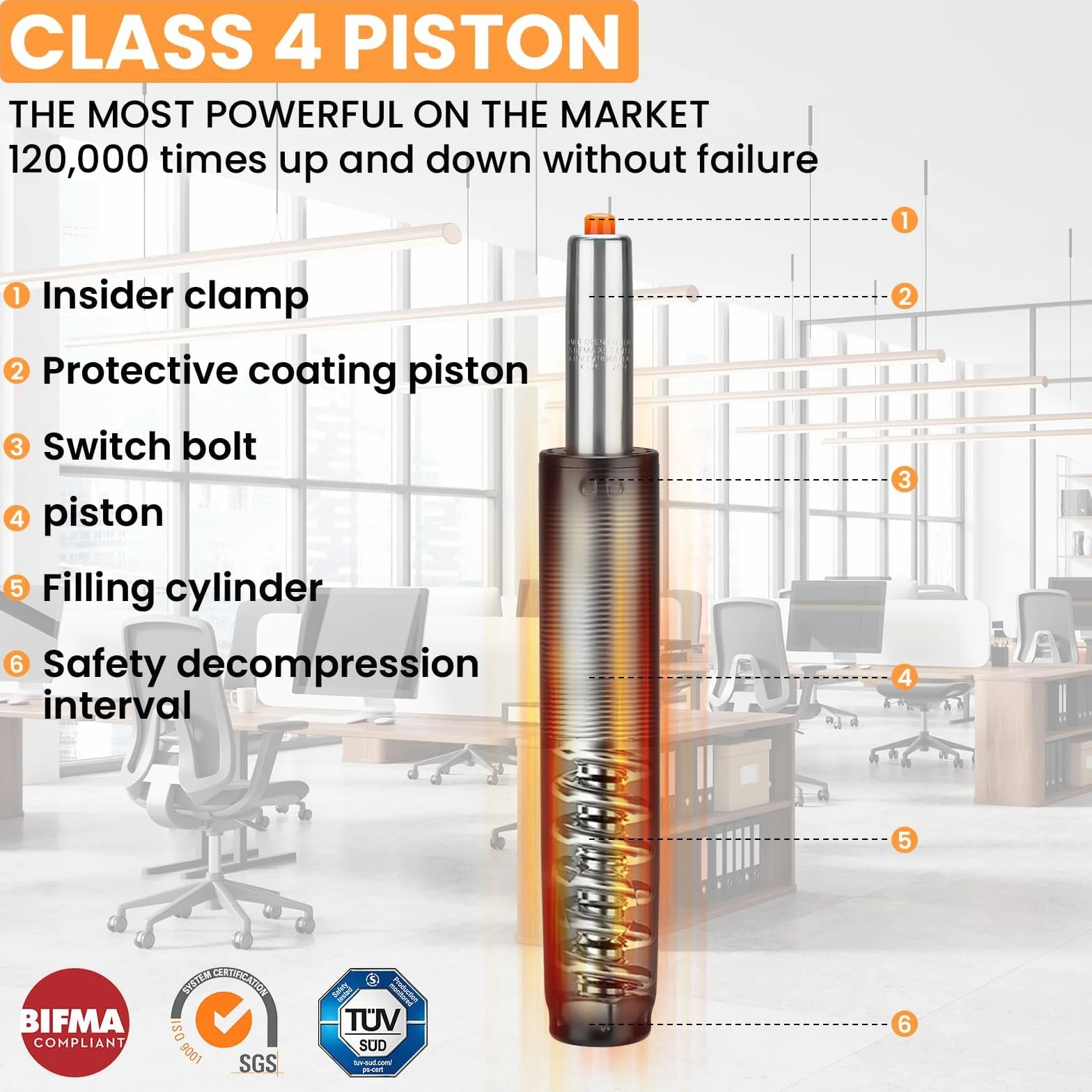 Pistone Sedia Ufficio, Class 4 a Gas di Ricambio 1000 LBS(450kg), Lunghezza 300mm-450mm, di Sollevamento Regolabile per Sedie Girevoli Gaming Ufficio, Nero