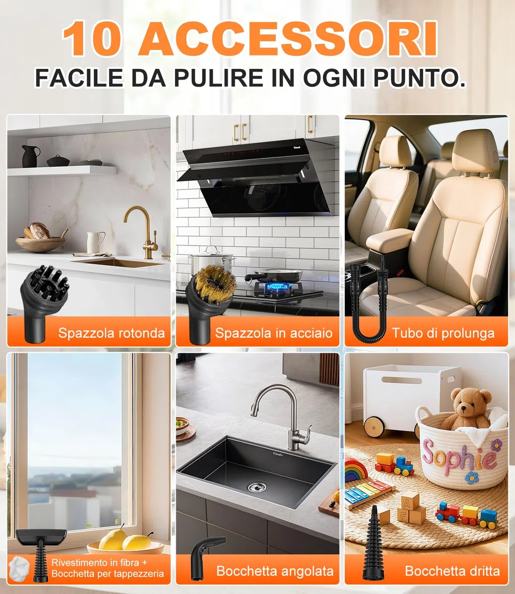 Pulitore a Vapore Portatile 1350W - Riscaldamento 15S, 3Bar, Steam Cleaner con 10 Accessori, Cavo da 3M, Serbatoio 550ML, Vapore a 16 Minuti, Ideale per Tappezzerie, Cucina e Auto