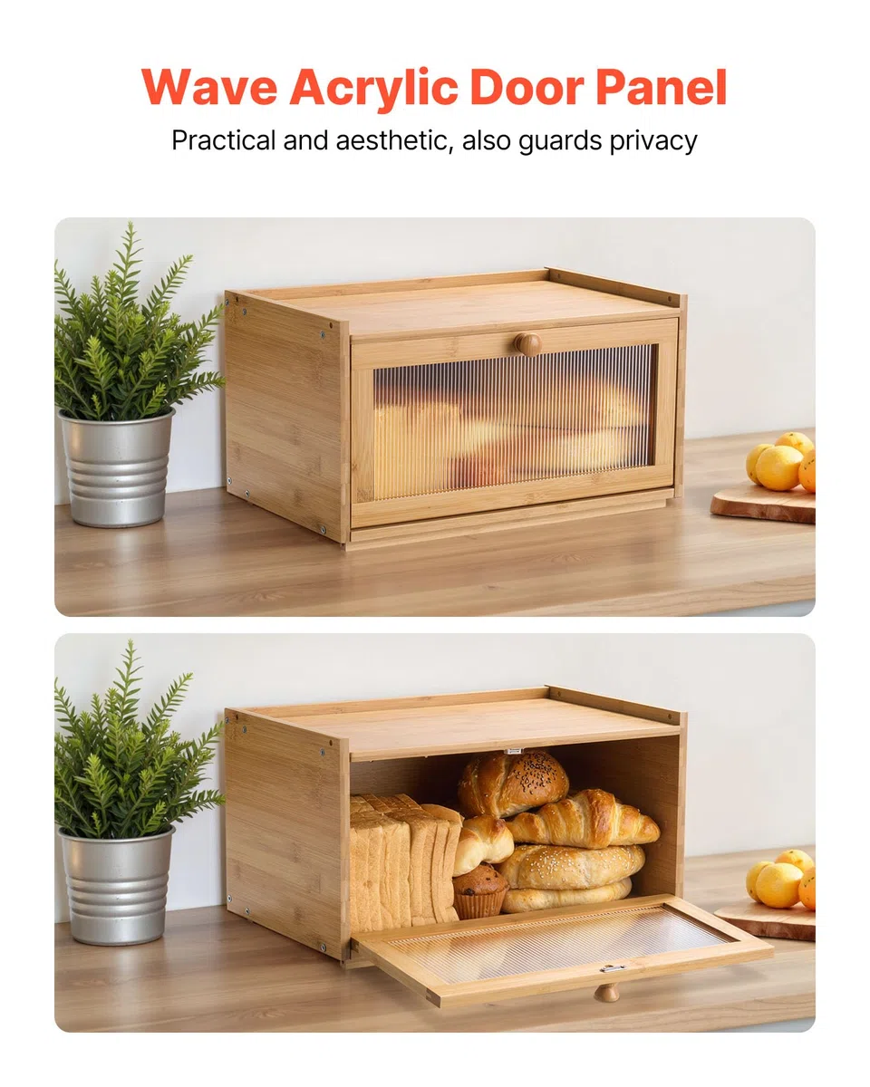 VEVOR Contenitore per Pane da Cucina 400 x 250 x 220 mm Contenitore per Pagnotta in Legno di Bambù per Pane Fatto in Casa, con Pannello Porta in Acrilico Ondulato, Forma di Rettangolo