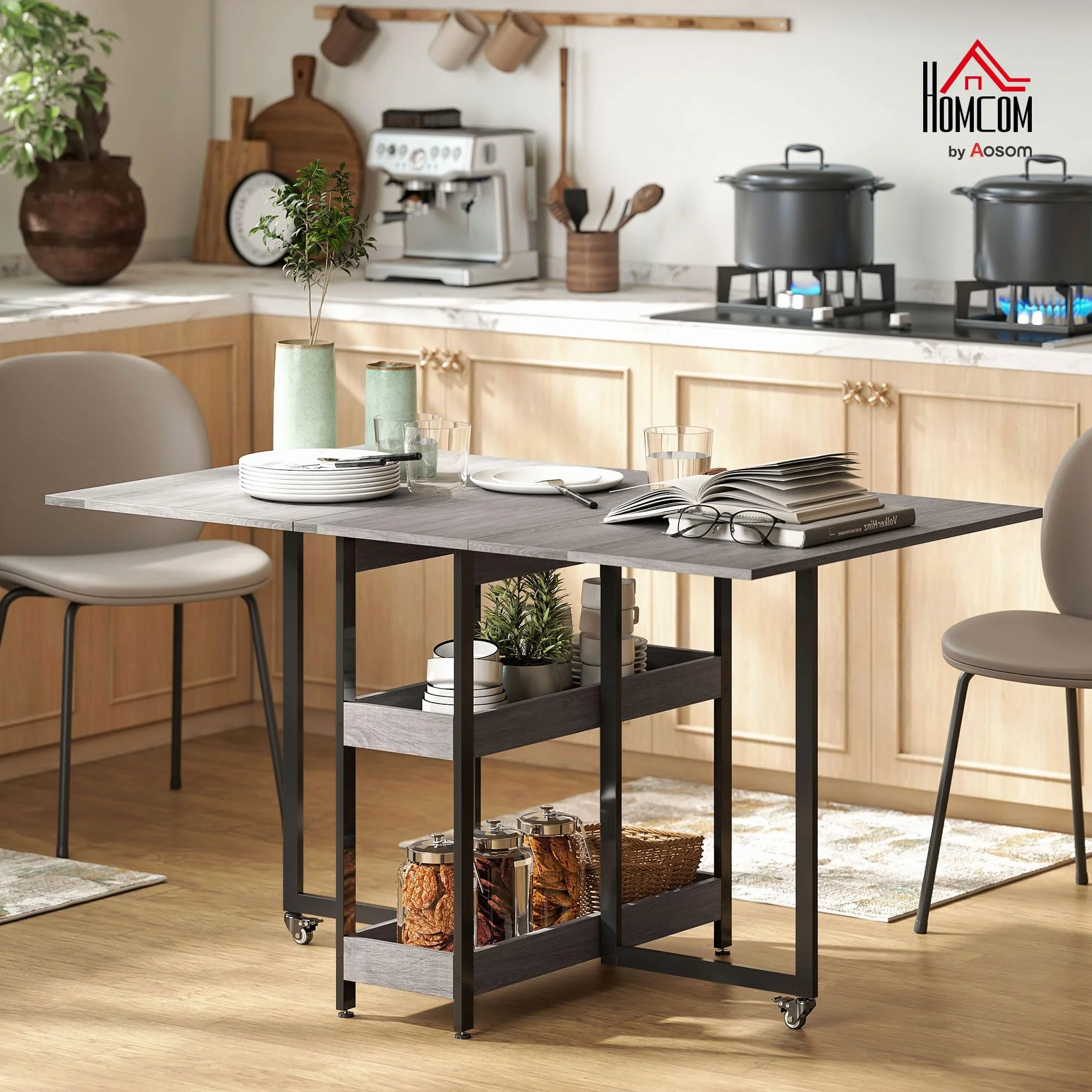 HOMCOM Tavolo da Pranzo Pieghevole, Tavolo Cucina a Ribalta con Ruote per 4 Persone, Scrivania Richiudibile Salvaspazio con 2 Ripiani Aperti, Ideale per Soggiorno, Ufficio, 133.4x80x75 cm, Grigio