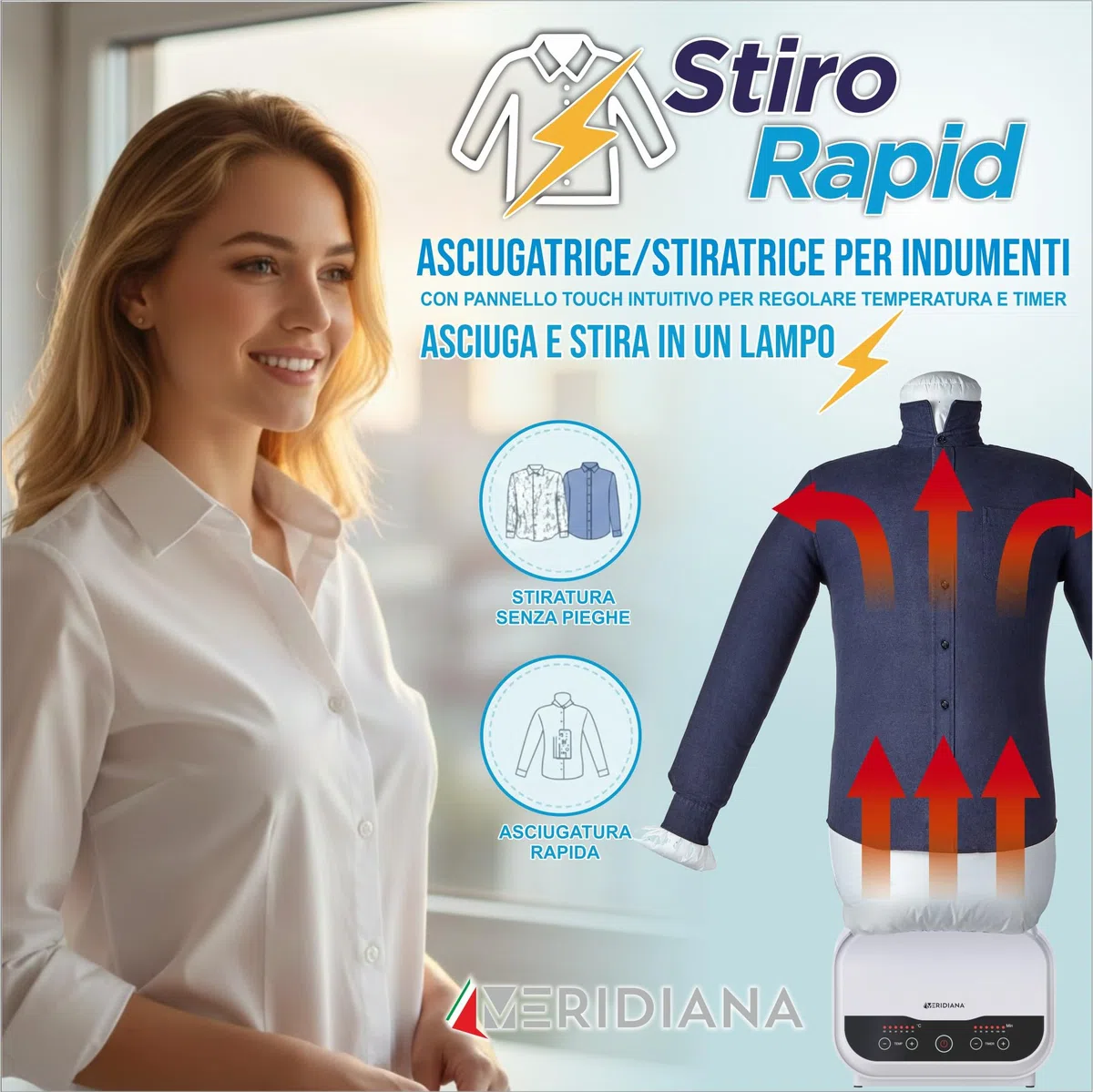 Meridiana Manichino per Stirare e Asciugare Camicie, Stiratore verticale Timer 180 min, Asta Telescopica in Alluminio, Asciuga e Stira camicie Automatico 1200 W, Ferro da stiro verticale