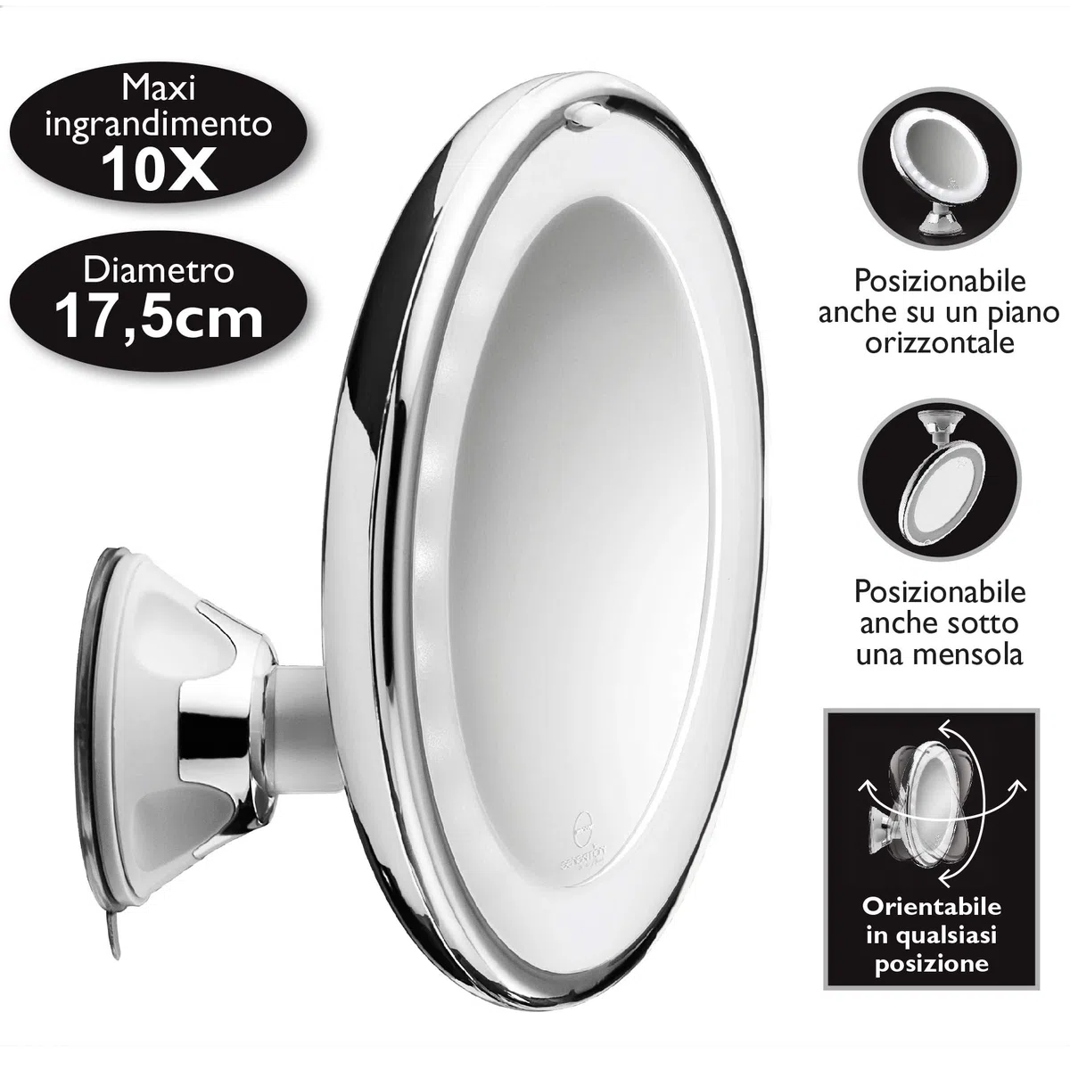 MACOM Sensation 224 SwinGo Specchio con ventosa cosmetico Ingranditore 10X con Luci led ottimo per trucco e make up.