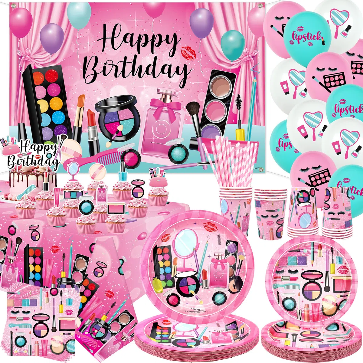 Decorazione per feste di compleanno spa, forniture per feste di trucco, piatti, tazze, tovaglioli, tovaglia, sfondo di buon compleanno, palloncini, topper per torte per ragazze donne sonno coccole spa