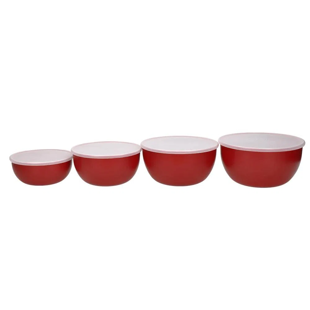 KitchenAid Insalatiere in Plastica con Coperchio, Rosse, Set 4 Ciotole Cucina