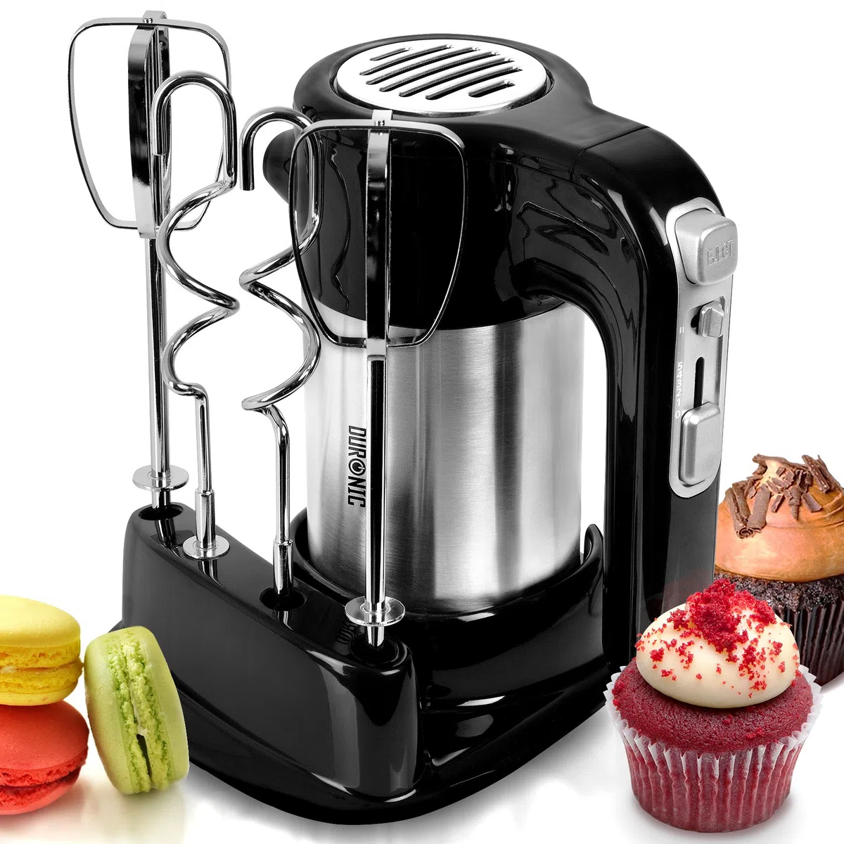 Duronic Sbattitore elettrico 400 W | 5 velocità e funzione turbo | Frusta elettrica con contenitore per accessori | 2 sbattitori 2 ganci e 1 frusta in acciaio INOX (HM3, HM3)