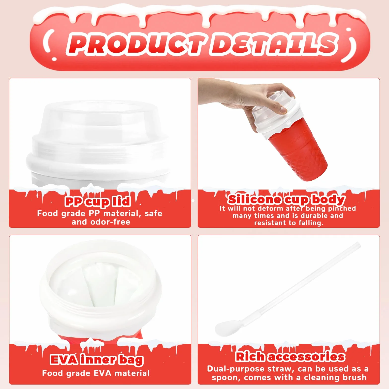 Slushy Maker Cup, Macchina per Granita In Silicone, Con Cannuccia E Cucchiaio 2 In 1, Frozen Magic Squeeze Cup In Silicone, Per I Frullati Fatti In Casa(rosa)