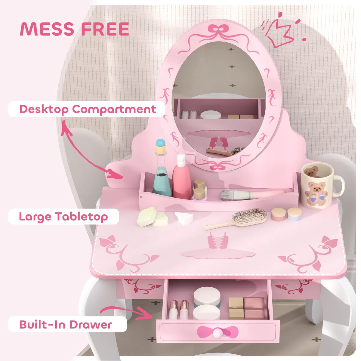 AIYAPLAY, set tavolo da toeletta per bambini, tavolo da toeletta a due pezzi con sgabello, specchio, cassetto, spazio di archiviazione sul desktop, tema del balletto, tavolo da trucco per ragazze