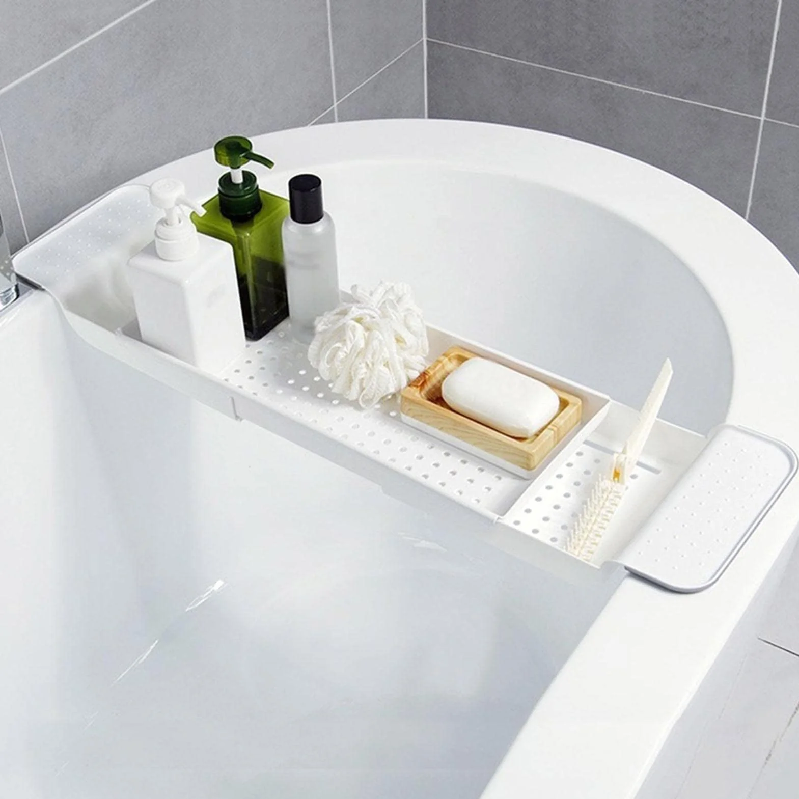 Vassoio portaoggetti per vasca da bagno, mensola espandibile per vasca da bagno, portaoggetti regolabile in plastica, vassoio da bagno, per vasca e gadget da bagno