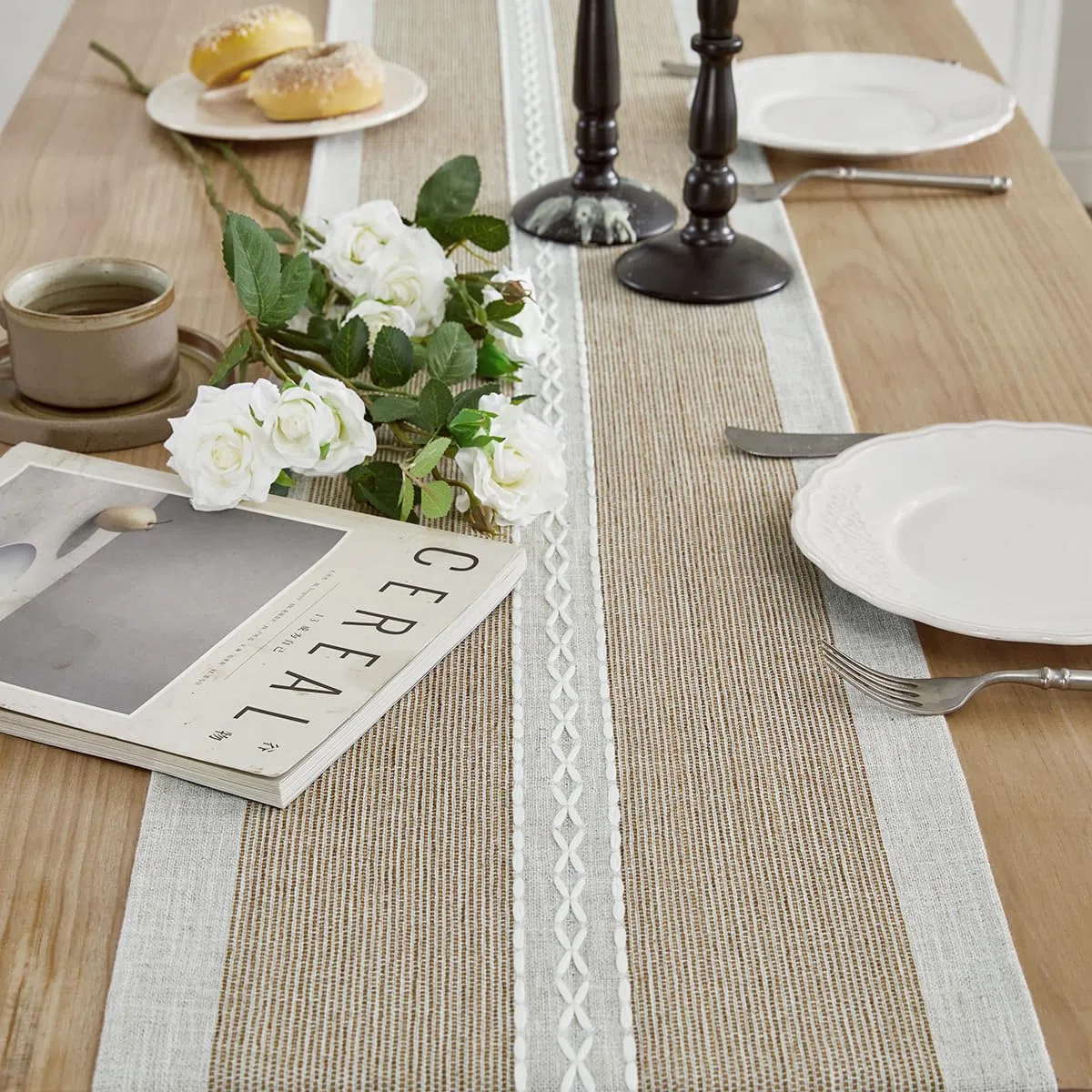Wracra Runner da tavola in Lino e Cotone con Ricamo, Runner da Tavolo caffè da Esterno per Interni in Stile casalingo 275cm per Decorazioni di Cucina per Sala da Pranzo di Partito