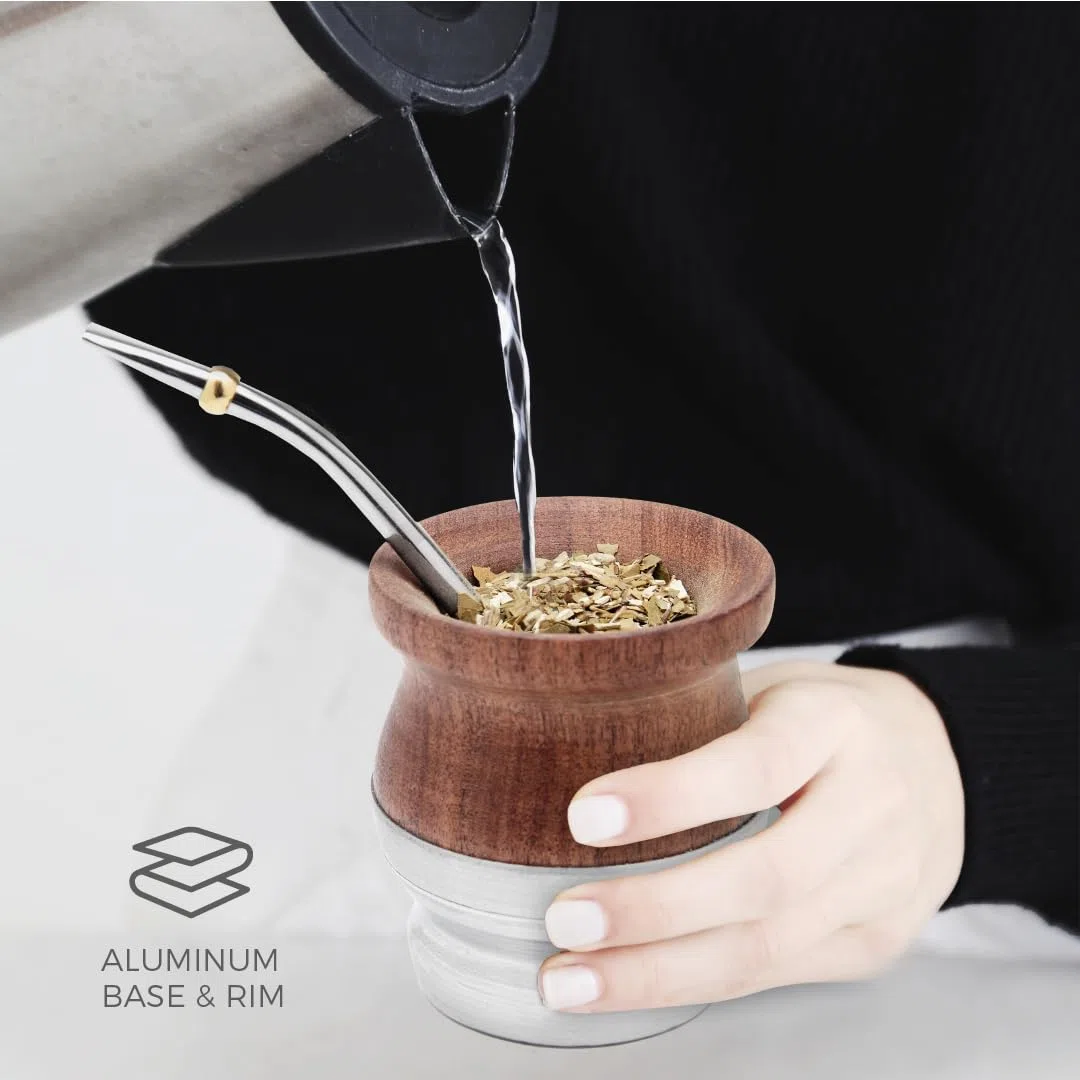 BALIBETOV Yerba Mate - Zucca di legno tradizionale carruba in legno con alluminio (tazza mate) – Set contiene Bombilla (sorbeto) per Mate (legno con base in alluminio)