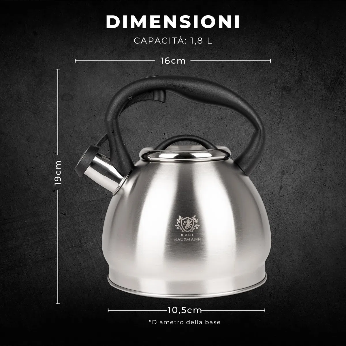 KARL HAUSMANN Bollitore Induzione 1,8L Acciaio Inox con Fischio - Teiera per Piano a Gas, Vetroceramica ed Elettrico - Bollitore Acqua Cucina con Coperchio