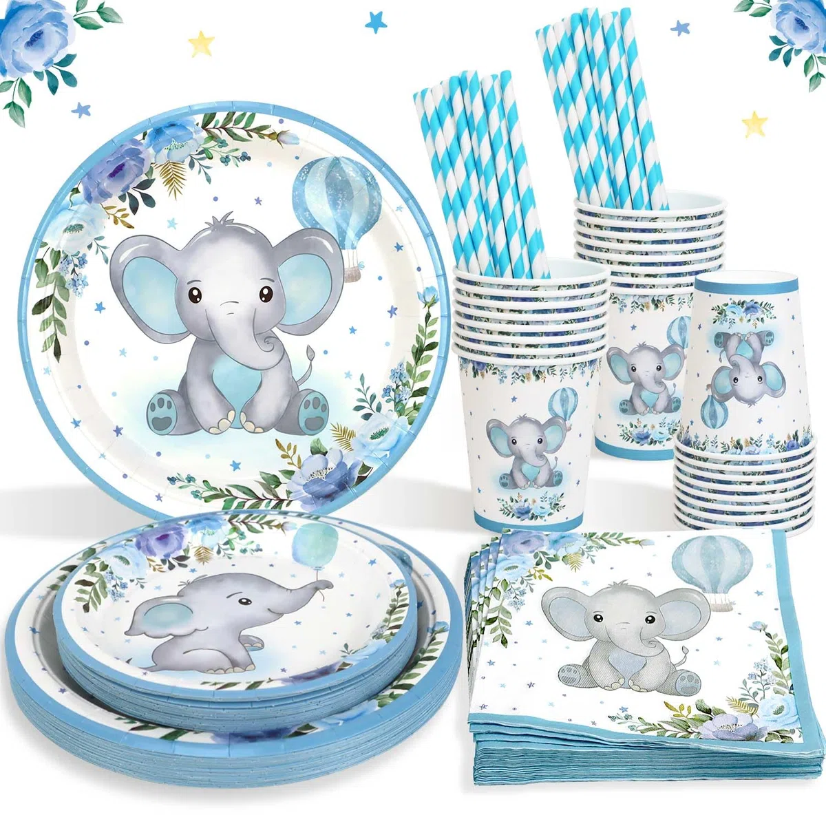 Piatti Carta Decorazioni Nascita Bambino per 25 Ospiti, 125pcs Piatti Battesimo Bimbo Tazza, Tovaglioli, Cannucce - Stoviglie Decorazioni Battesimo Bimbo per Baby Shower Boy