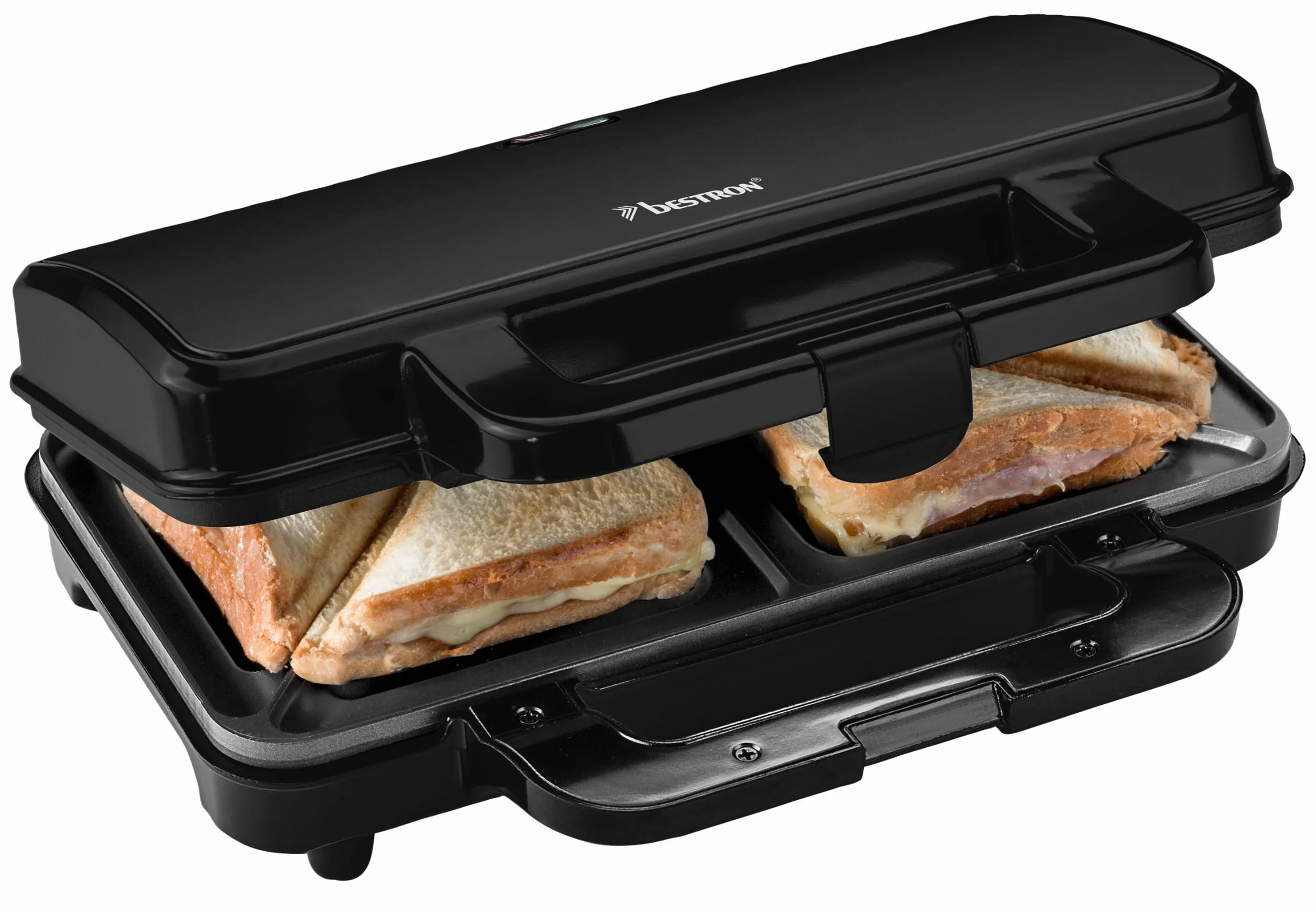 Bestron XL macchina per sandwich, tostapane con rivestimento antiaderente per 2 sandwich, incl. controllo automatico della temperatura e indicatore di pronto, collezione Black label, colore: nero/rame