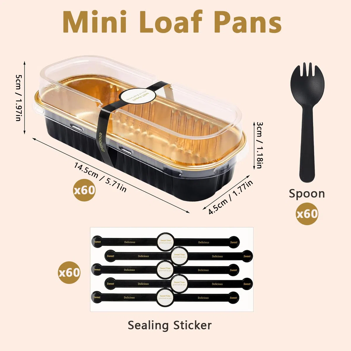 Confezione da 60 mini teglie da forno con coperchio e cucchiai, 200 ml, riutilizzabili, rettangolari, in alluminio, con adesivo sigillante, per dessert, pane, matrimoni, picnic, feste di