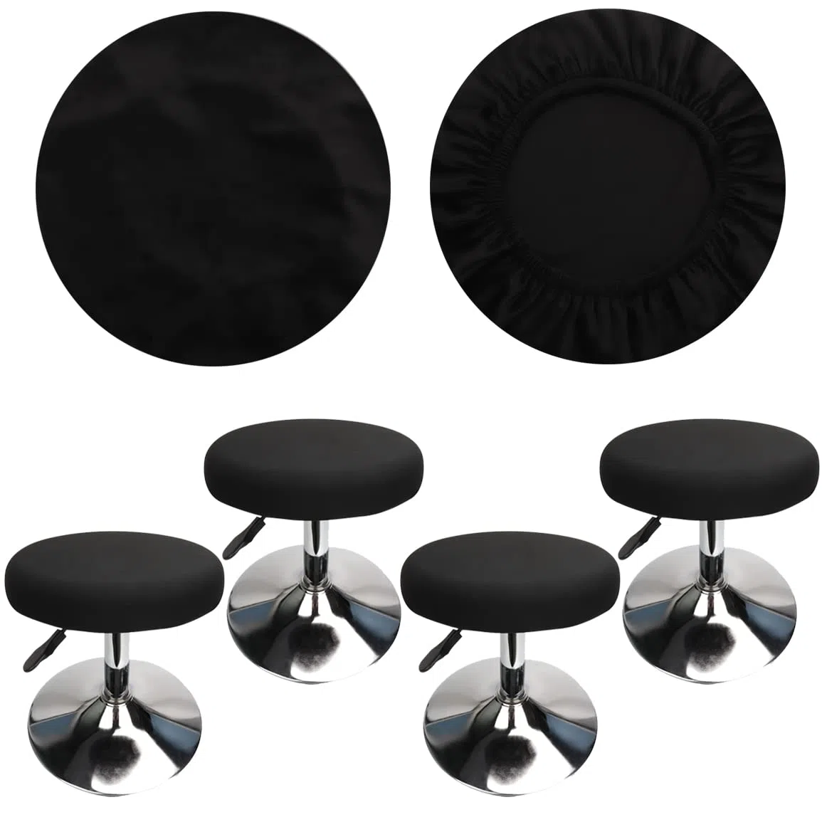 Copri Sgabello Rotondo Tessuto di Lusso Diametro 30-40cm, Elastico Antirughe Lavabile e Antipolvere (4 Pezzi Nero)