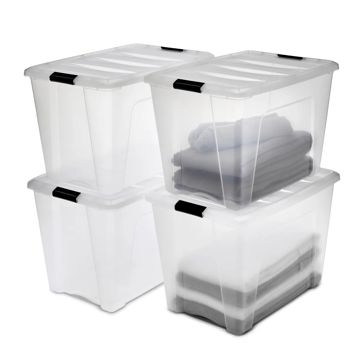 Iris Ohyama Scatole Portaoggetti in con Coperchio, 60L, Lotto di 4, Trasparente, Clip di Bloccaggio, Empilabile, Maniglia, Per Camera, Armadio, Ufficio, Organizzatore, Senza BPA, DDNTB-60