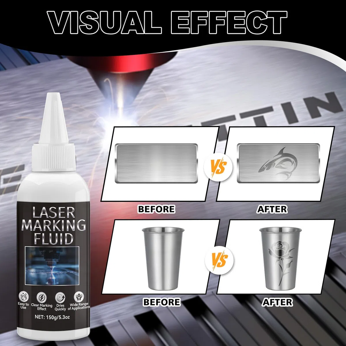 Liquido per Marcatura Laser, Fluido per Marcatura Laser, Incisore Laser Metallo, Polvere per Marcatura Laser,per Metallo Gioielli Vetro Alluminio Acciaio Inossidabile e Altri Materiali,150ml