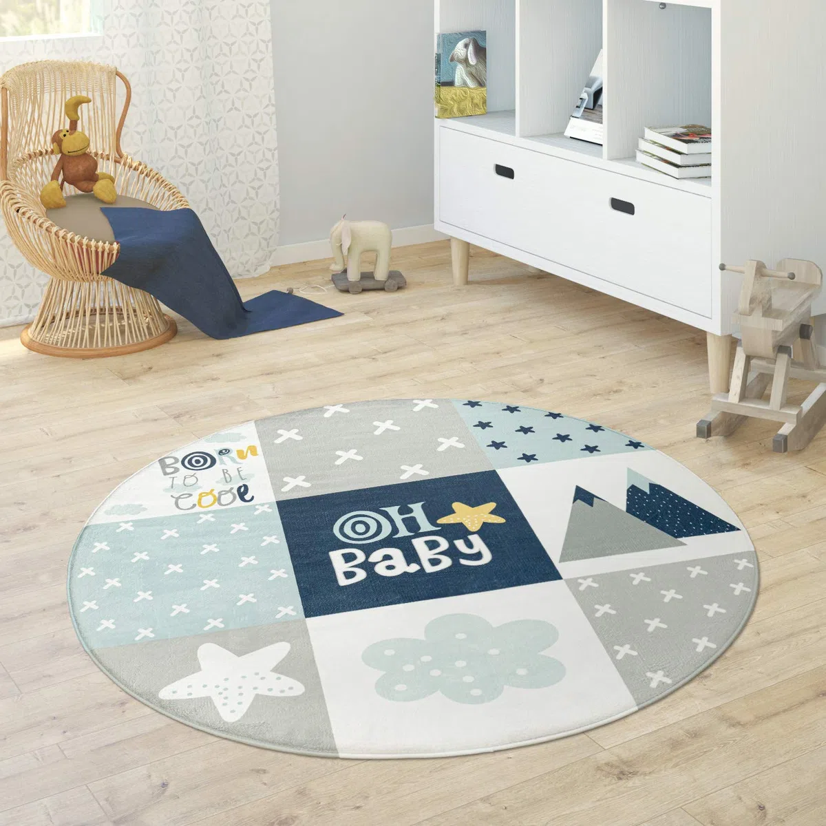Paco Home Tappeto Bambini Rotondo Cameretta Femmine Maschi Stella Luna Elefante Arcobaleno, Dimensione:Ø 120 cm tondo, Colore:Blu