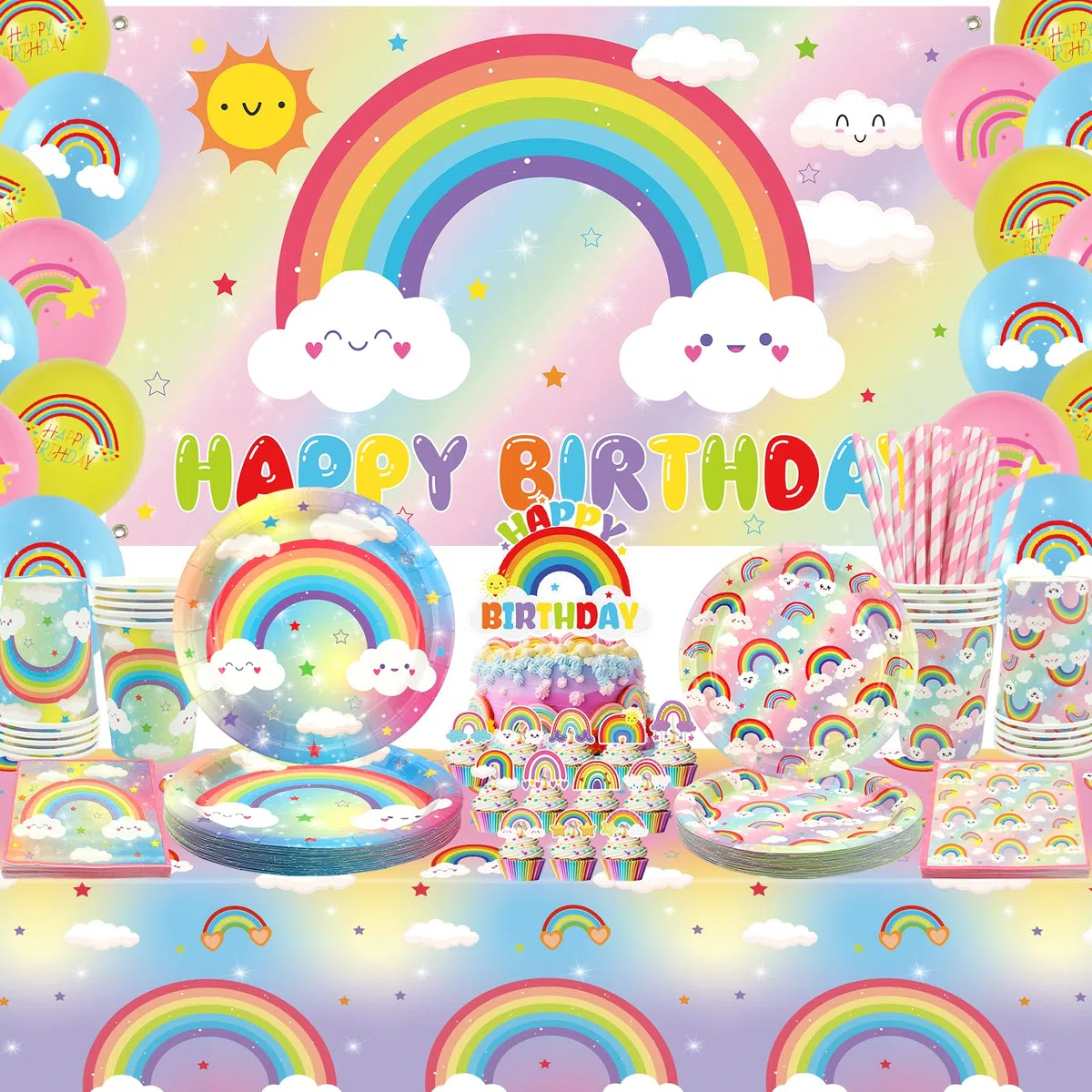 Decorazioni per Festa di Compleanno a Tema Arcobaleno - Forniture per Festa Arcobaleno compresi sfondo, piatti, Cake Topper, tazza, tovagliolo, palloncino, tovaglia - per 20 persone (BJ)