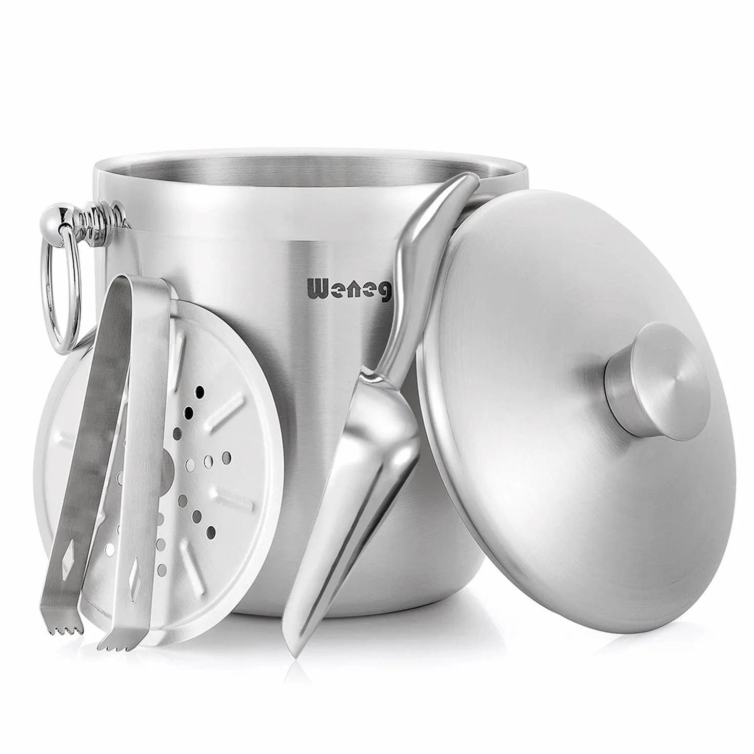Secchiello per il ghiaccio isolato in acciaio inox con coperchio, paletta, pinze e colino, mantiene il ghiaccio congelato per cocktail e feste