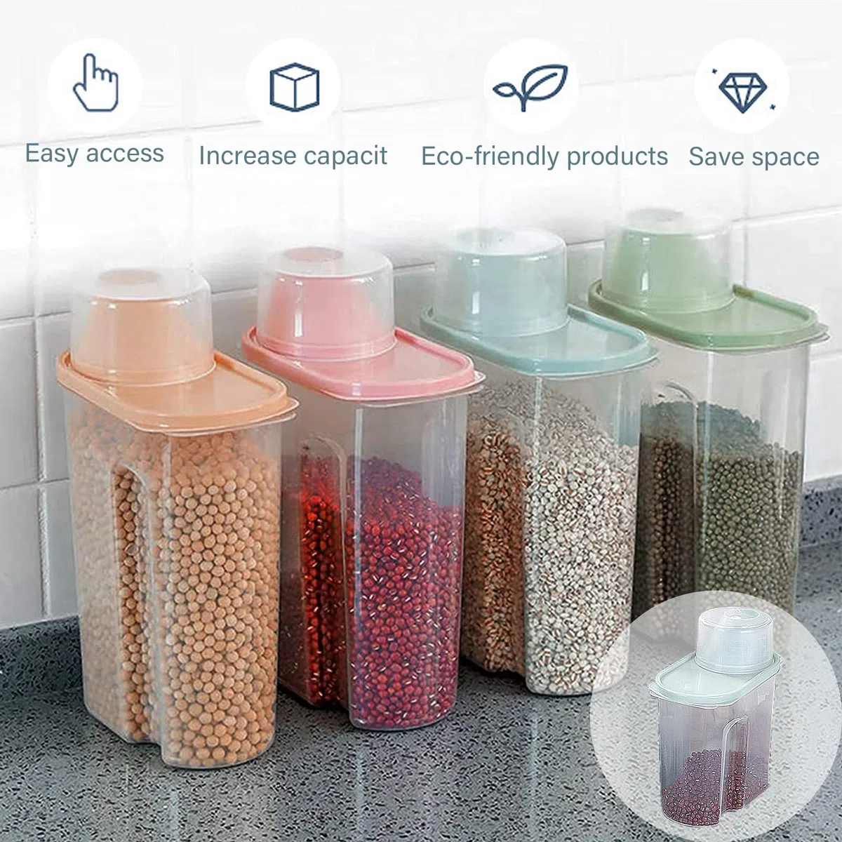 4 Pezzis Contenitore Ermetico Cereali Alimentare, porta cereali da colazione dispenser, Serbatoio Alimenti Secchi, Trasparente Airtight Secco Contenitore Alimenti, Caffè, Farina con Misurino (large)