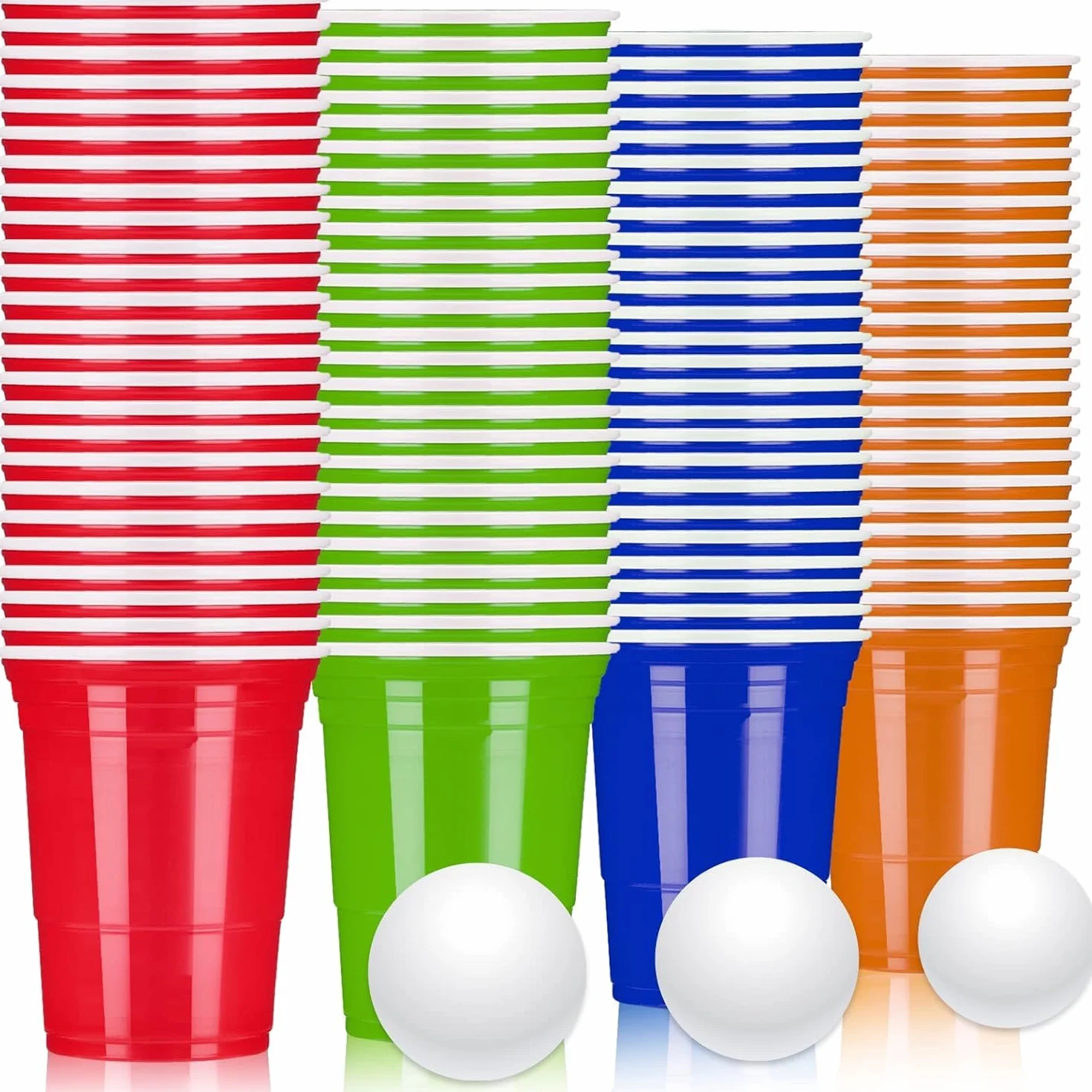 LATERN 100 Pezzi Bicchieri di Plastica Riutilizzabili, 480ml Tazze da Birra-Pong con 25 Coppe Rosse, 25 Coppa Blu, 25 Coppa Verde, 25 Coppa Arancione, 10 Giochi Palline da Ping Pong per Gioco Festa