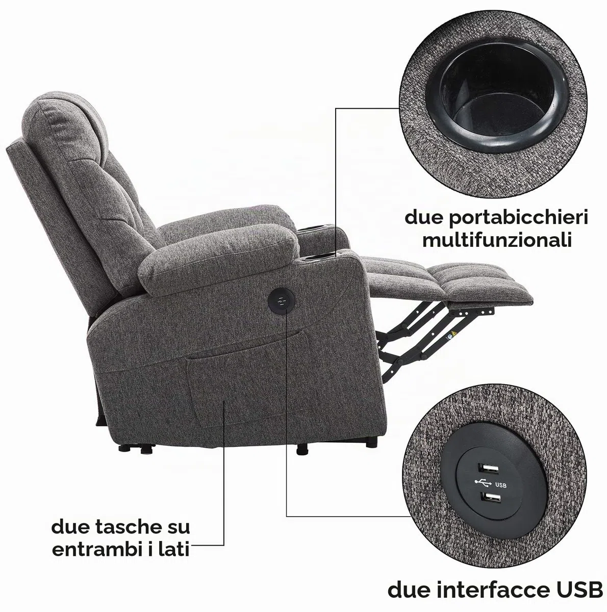 MCombo 7286DE - Poltrona relax elettrica con ingressi 2 USB, tessuto grigio scuro