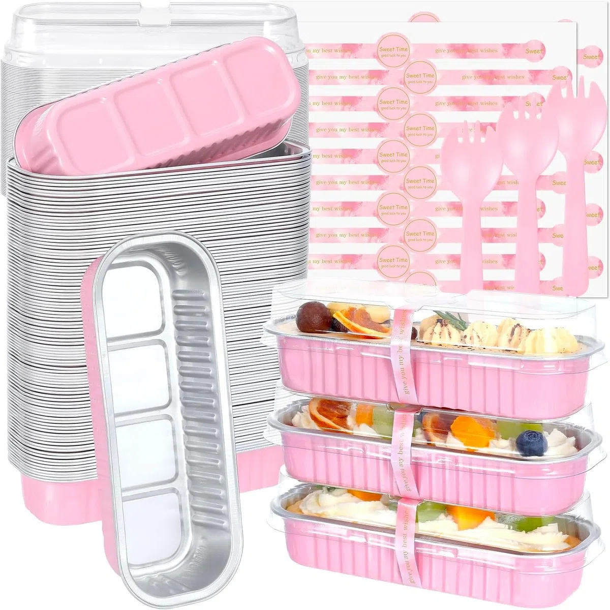 KAHEIGN 50 Pezzi Mini Teglie per Pane con Coperchi e Cucchiai, 200ml Pentole Rettangolari in Foglio di Alluminio con Adesivo Sigillante per Pane Torta Nozze Compleanno Picnic Festa (Rosa Argento)