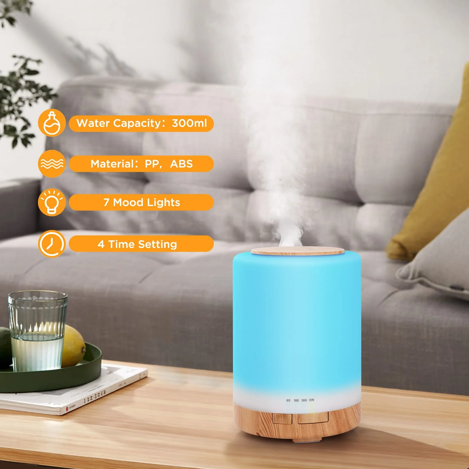 WD&CD Diffusore di Aromi, 300ml Umidificatore Ultrasuoni con Telecomando/7 LED Colori/Spegnimento Automatico, Diffusore di Oli Essenziali per Spa,Yoga,Camera da Letto - Venatura del Legno Chiaro