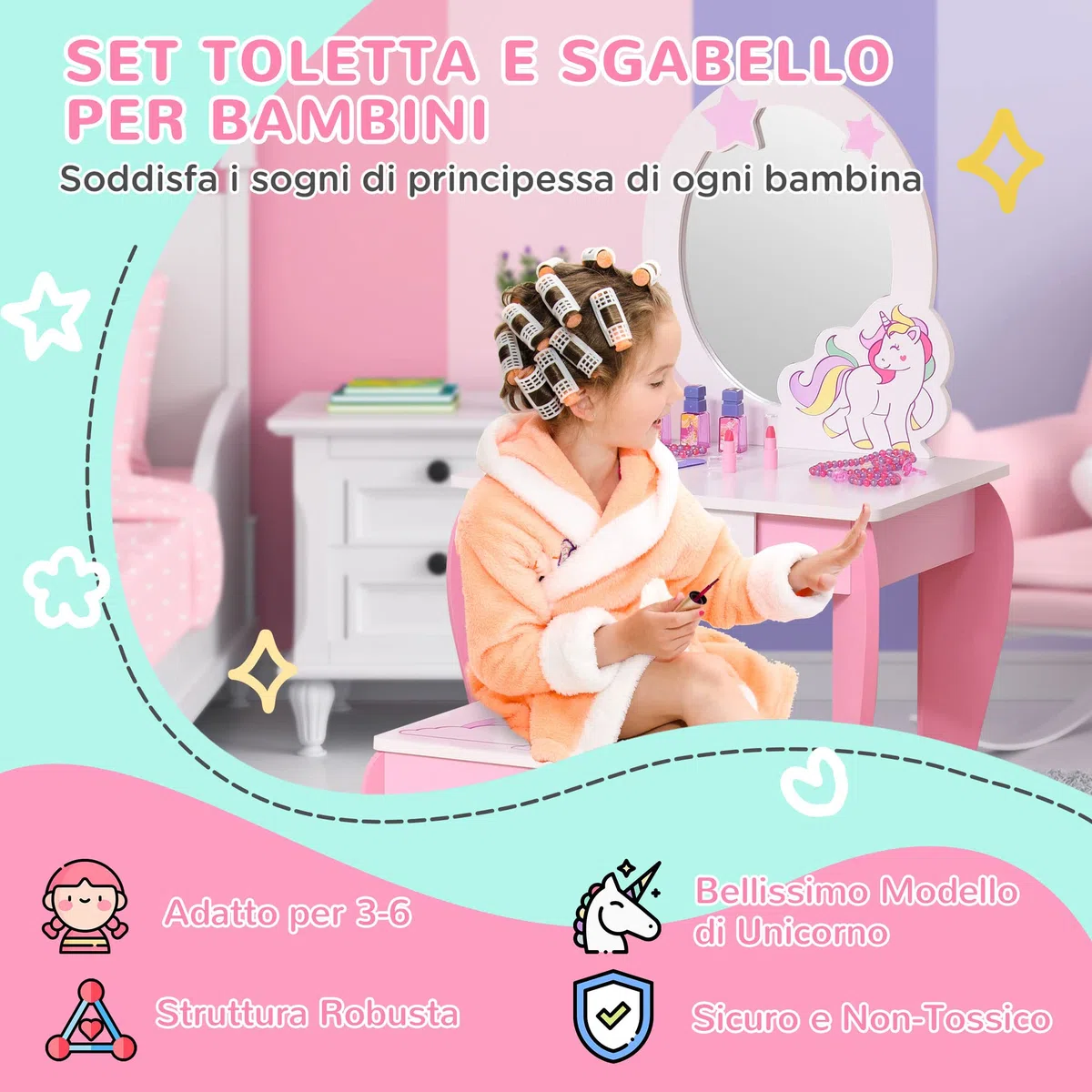HOMCOM Specchiera Giocattolo Toeletta con Cassetto e Sgabello in Legno, Giochi per Bambine 3-6 Anni Rosa e Bianco