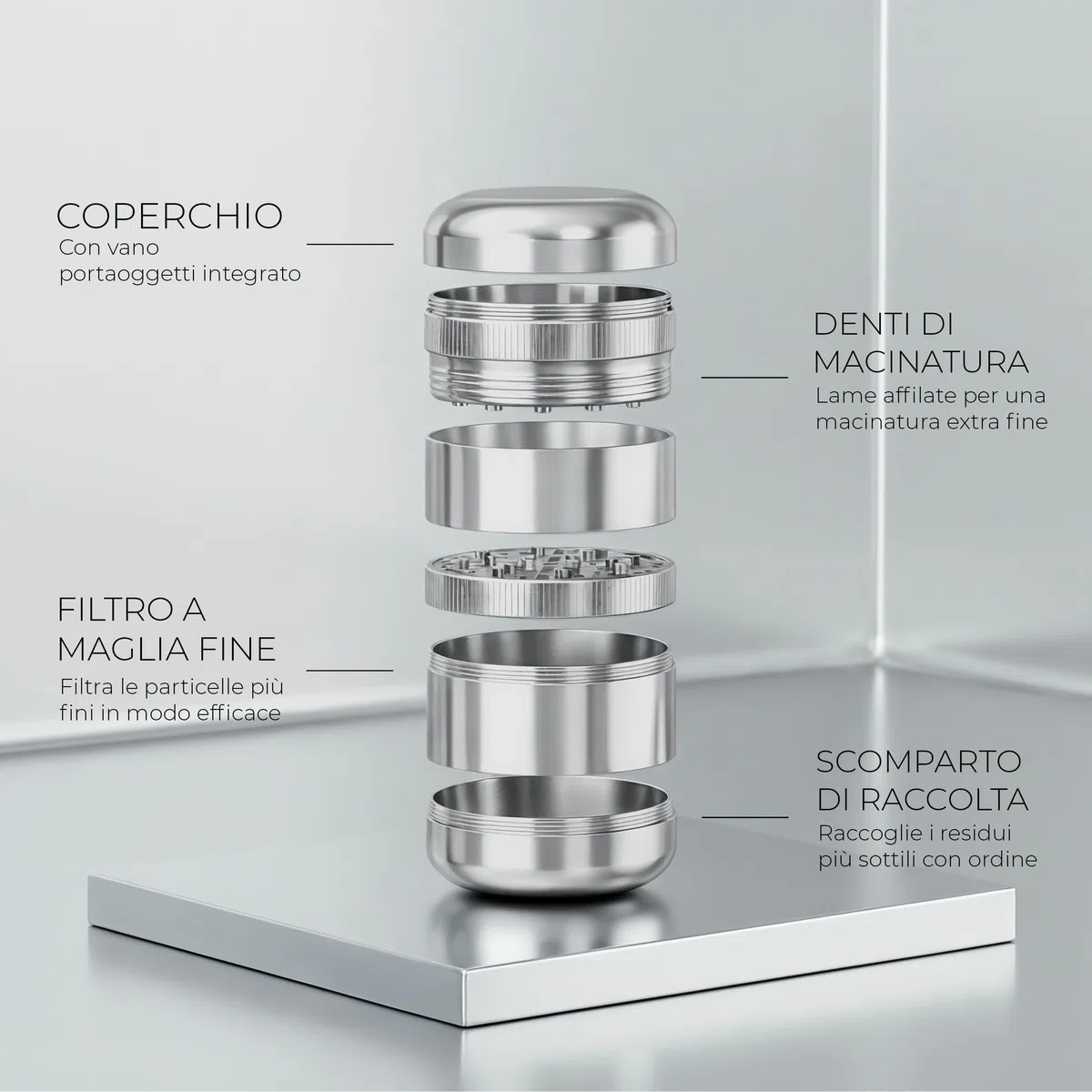 Viberium Grinder Metallo 60 mm- Grinder Belli Tritino, Grinders Kit Original, Accessori per Erbe, Herb Crusher Professionale, Macinino, 4 Pezzi, Argento