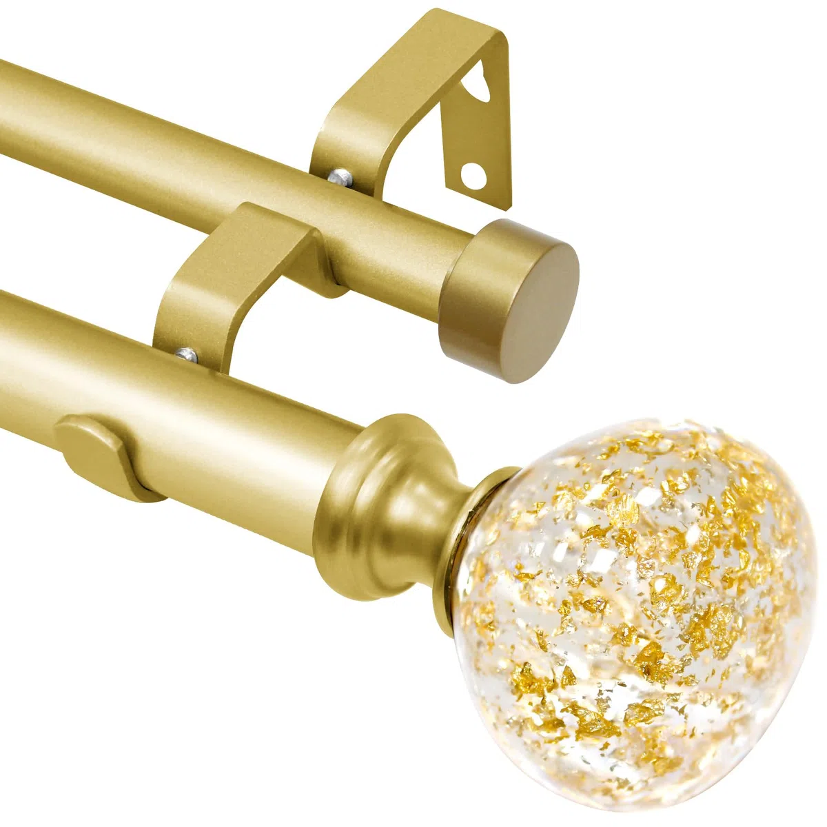 Bastone per tende doppio in lamina d'oro per finestre da 167 a 300 cm: asta per tende a doppia finestra, resistente, regolabile da 167 a 300 cm, terminali in resina stagnola d'oro e asta doppia per