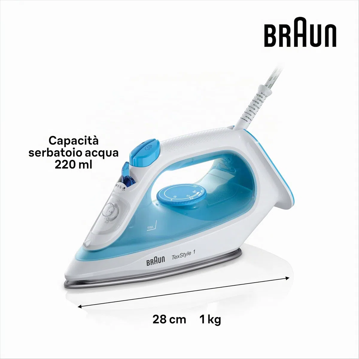 Braun TexStyle1 SI 1050BL Ferro da stiro a Vapore con 5 ANNI DI ASSISTENZA, Termostato, 25g/min in modalità Turbo, MODALITA' RISPARMIO ENERGETICO, Capacità Serbatoio 220ml, 2000W, Celeste