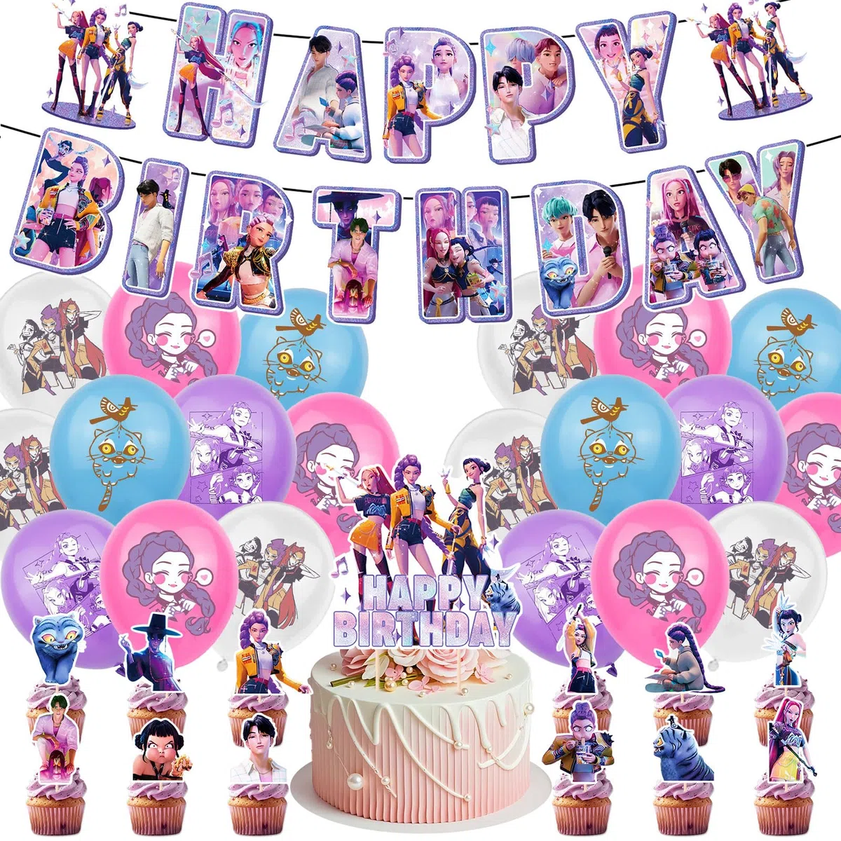 42pcs Set Decorazioni Festa di Compleanno Kpop Demo, Tema Cartone Animato con Banner, Palloncini e Topper per Cupcake per Feste di Bambini