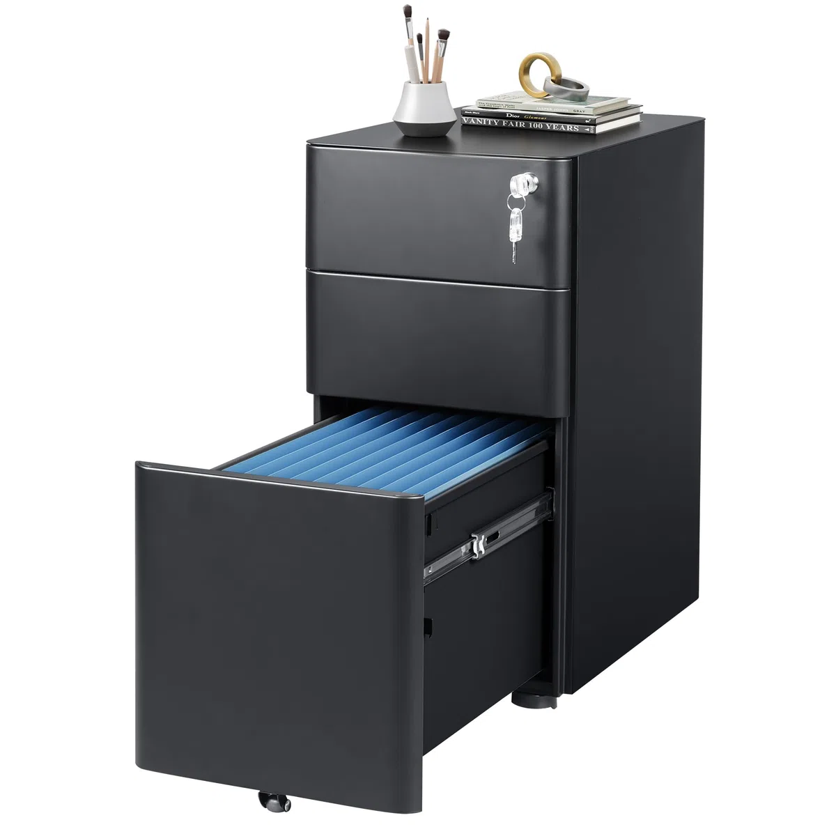 DEVAISE Carrello Portadocumenti con 3 Cassetti Bloccabili, Mobile Ufficio Multifunzione, Scaffale Stampante e Cassettiera con Ruote,Nero