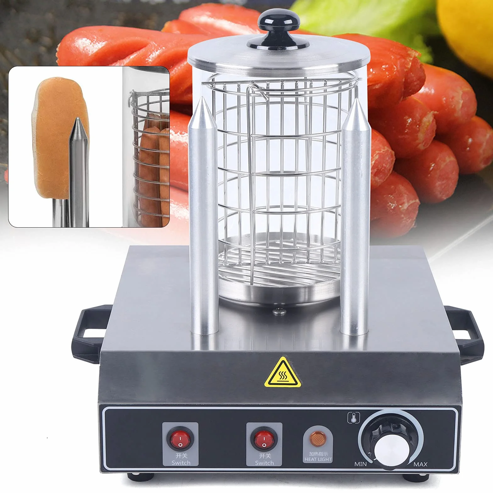 Hot Dog Maker da 400 W, 220 V, scaldabagno, 2 spiedini, in acciaio inox, temperatura regolabile
