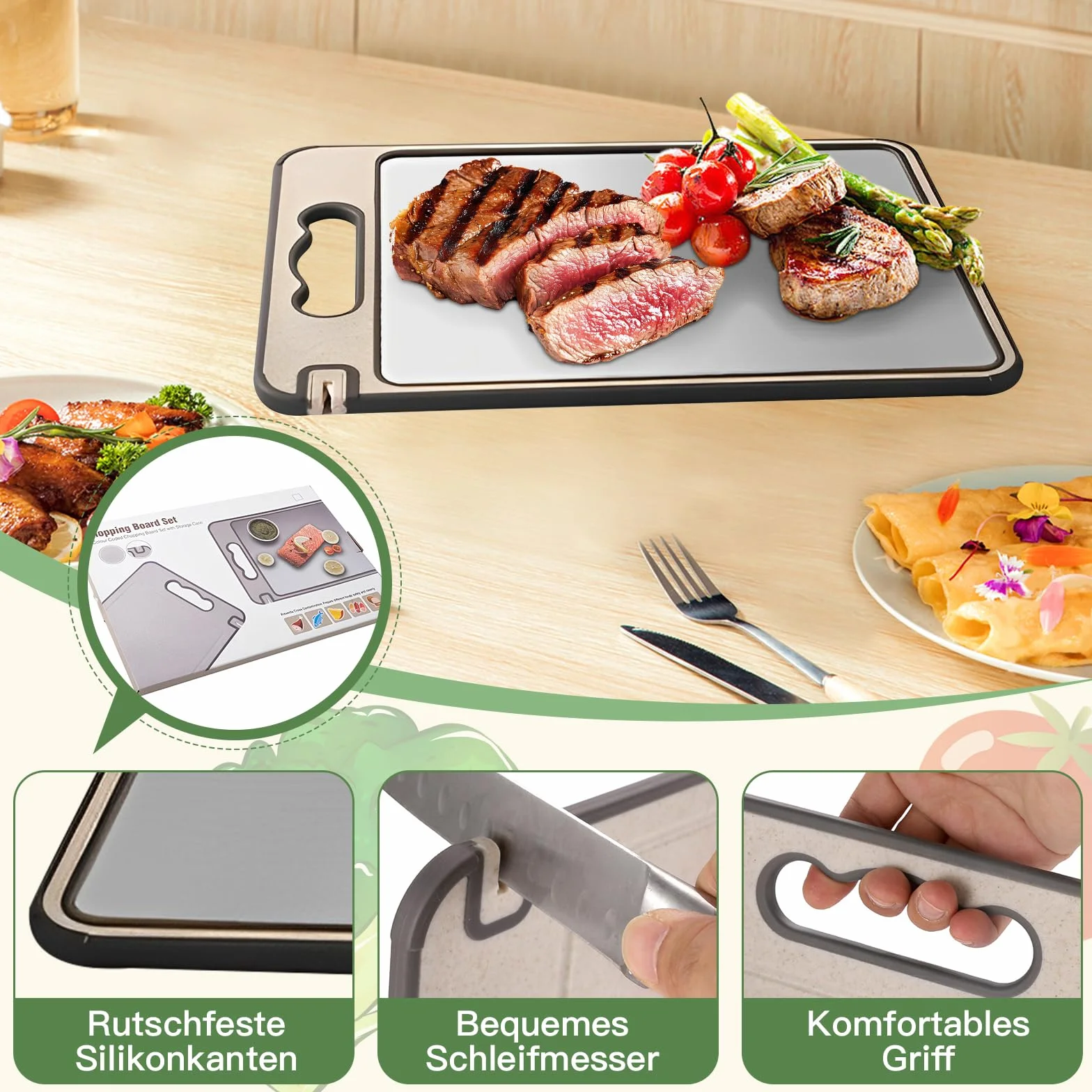 Tagliere Acciaio Inox, Tavola da Taglio a Doppio Lato, in Acciaio Inoxidabile 304 e PP di Qualità Alimentare, Facile da Pulire, Tavola da Taglio per Carne, Verdure, Bordo In Silicone Antiscivolo, Tavo