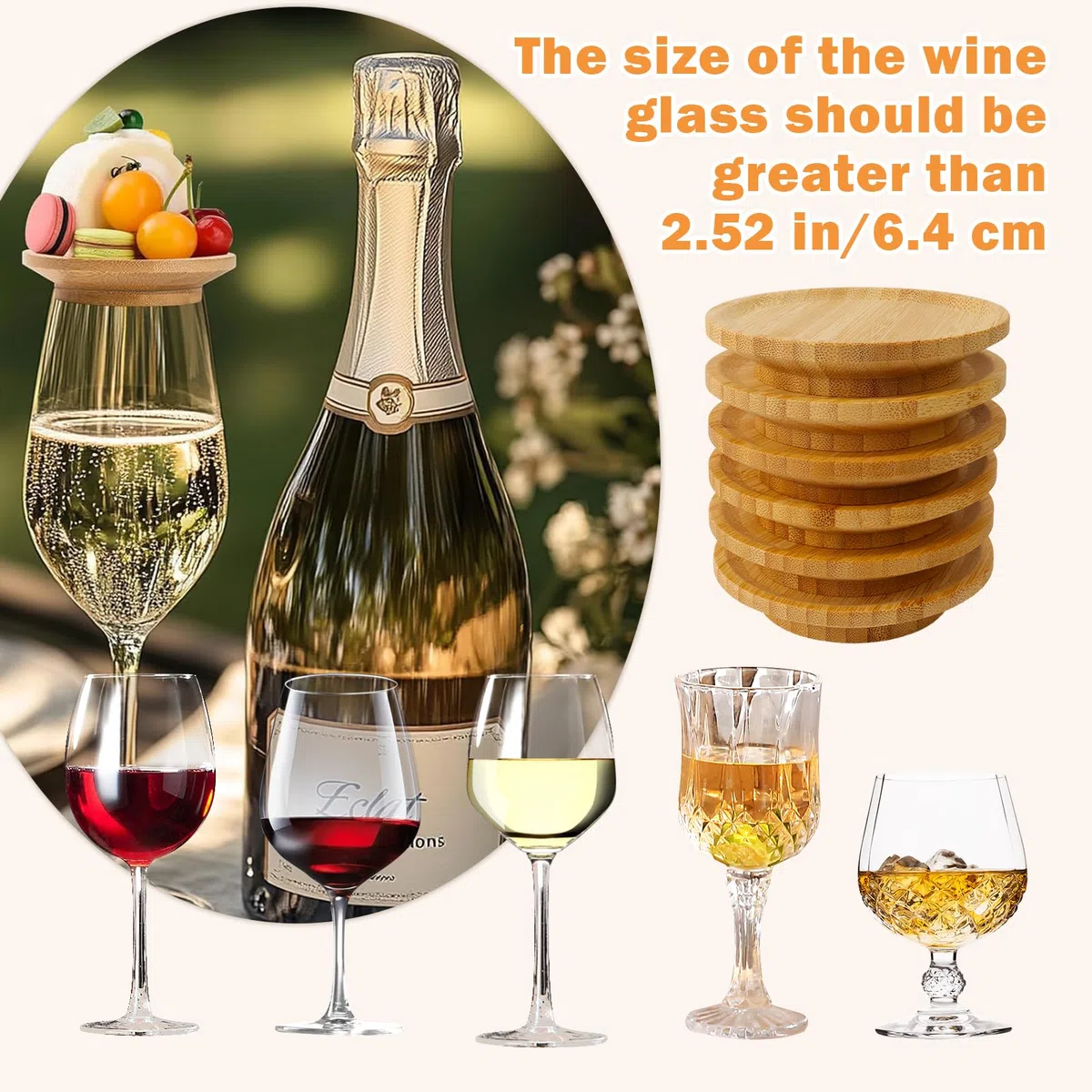 6 bicchieri da vino in legno, decorazione per bicchieri da vino, topper in legno, per dolci, piatti da antipasto