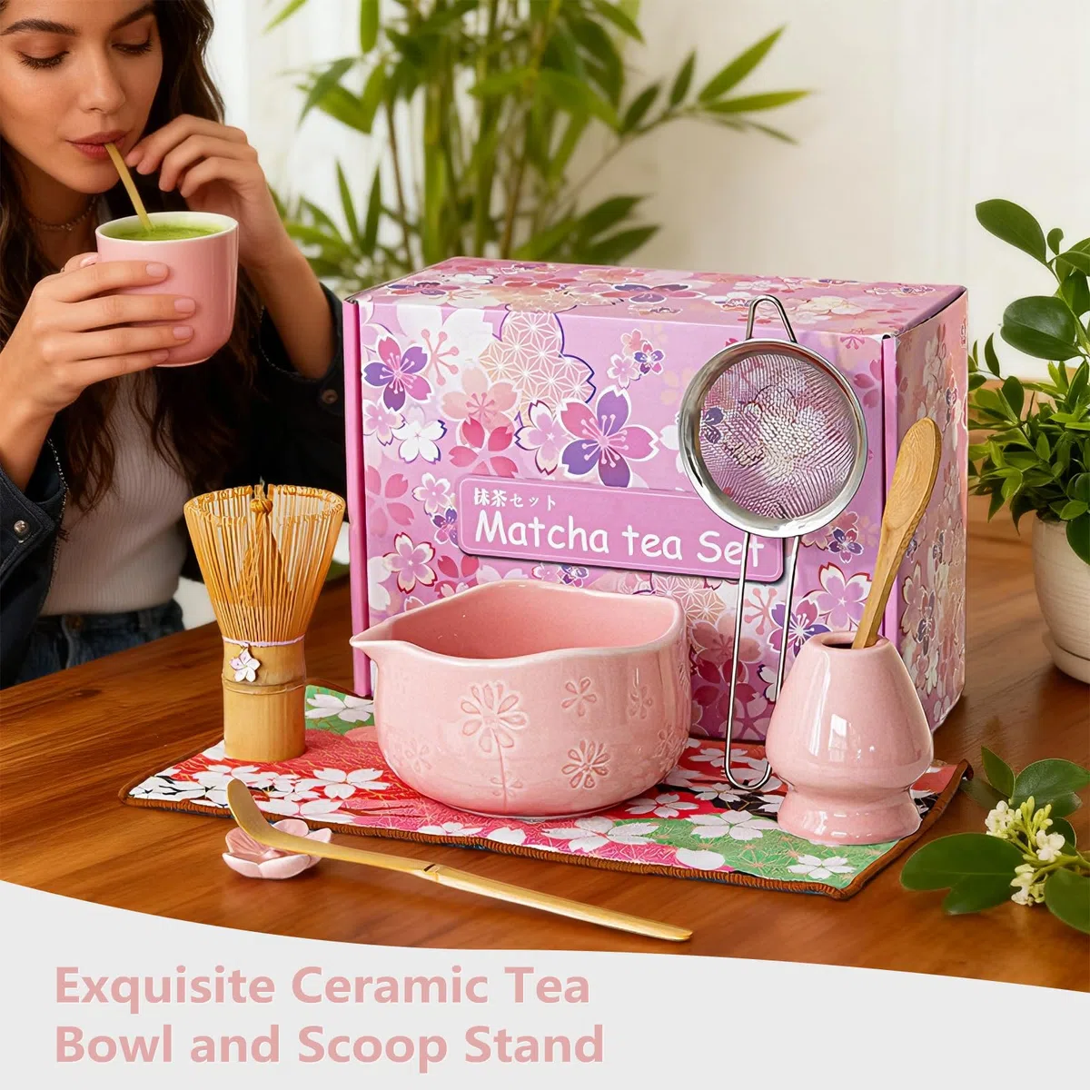 Matcha Set di 8 pezzi Macha Tea con scopa, filtro filtro, ciotola, cucchiaio, tappetino per asciugamano da tè, set regalo per la preparazione tradizionale matcha (verde) (rosa)