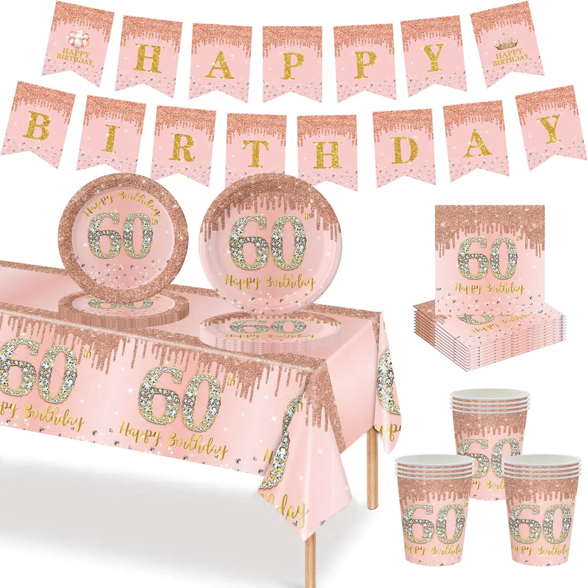Set di Stoviglie per Compleanno 60 Anni 70 Pezzi, Piatti di Carta Oro Rosa, Bicchieri, Tovaglioli, Bandiere di Carta, Decorazione da Tavola per Compleanno 60 Anni per Uomo Donna