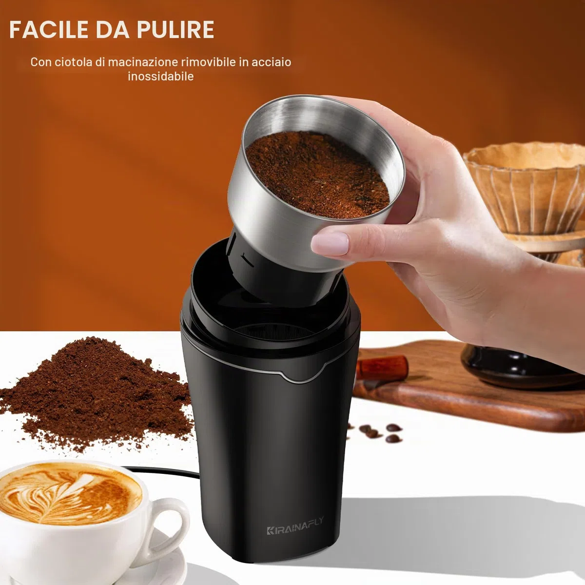Macina caffe' elettrico, Macina semi lino e chia per cucina 300W, camera rimovibile in acciaio inox, fino a 12 tazze, facile per fagioli di caffè, spezie, erbe aromatiche, semi di lino (argento)