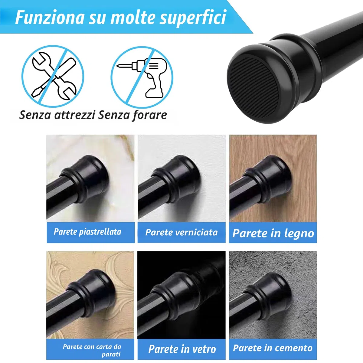 Bastone Tenda a Pressione Senza Forare Bastone per Tenda a Pressione Bastone Tenda Doccia, Lunghezza 83-160cm(1 pezzo), Diametro 25mm,Bianco