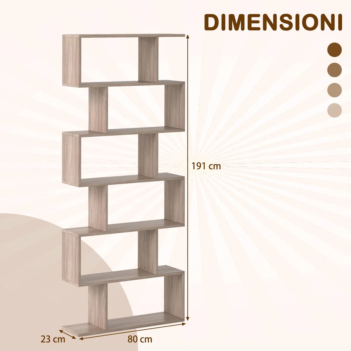 COSTWAY Scaffale a 6 Ripiani, Libreria a Forma di S, Libreria Scaffale da Terra in Legno, Divisorio per Soggiorno, Camera da Letto, Ufficio, 80 x 23 x 192 cm (Quercia)