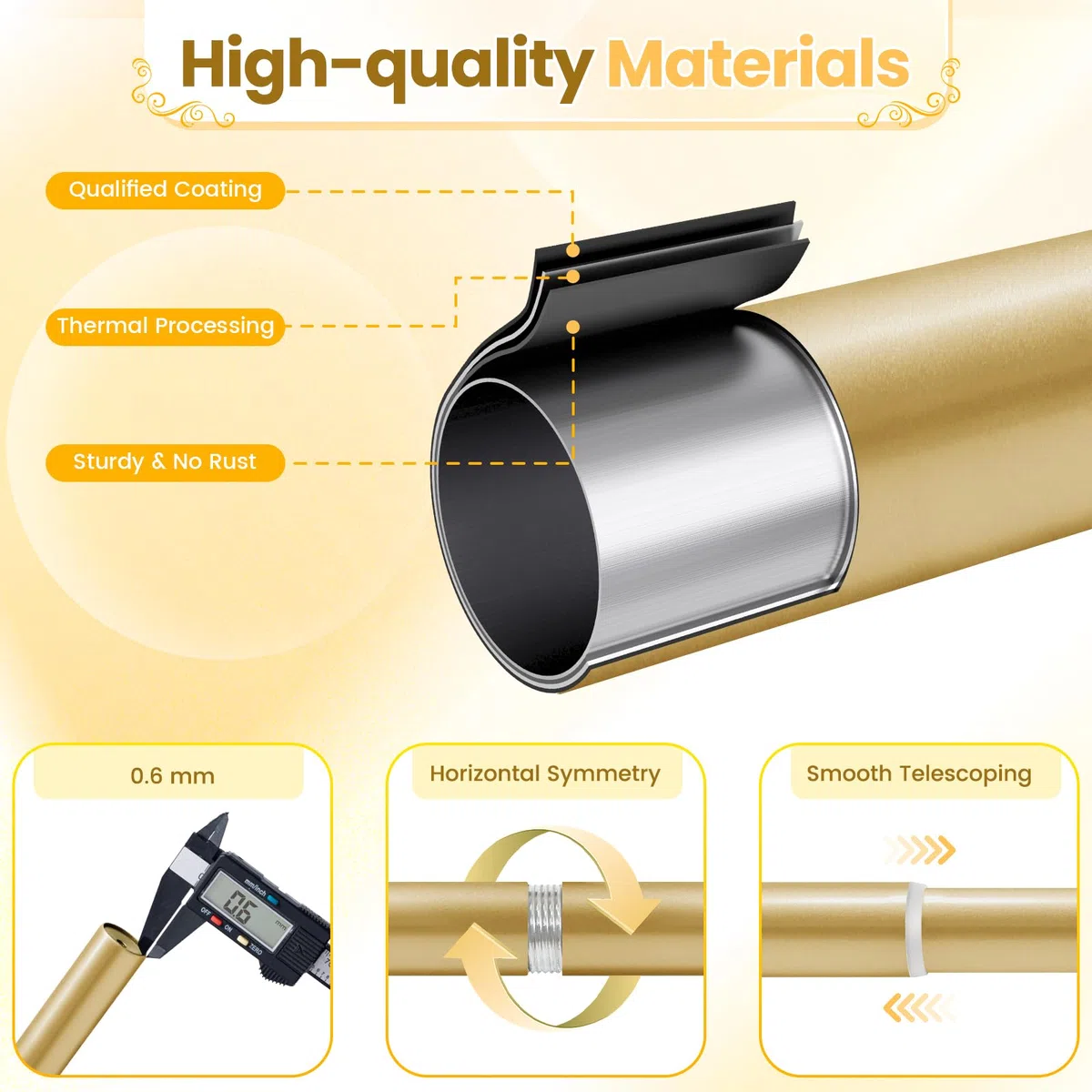 Bastone per tende doppio da 2,5 cm, con fermatende, lunghezza regolabile con terminali traslucidi, asta di sospensione per finestra di casa, soggiorno e camera da letto (oro, 123-212 cm)